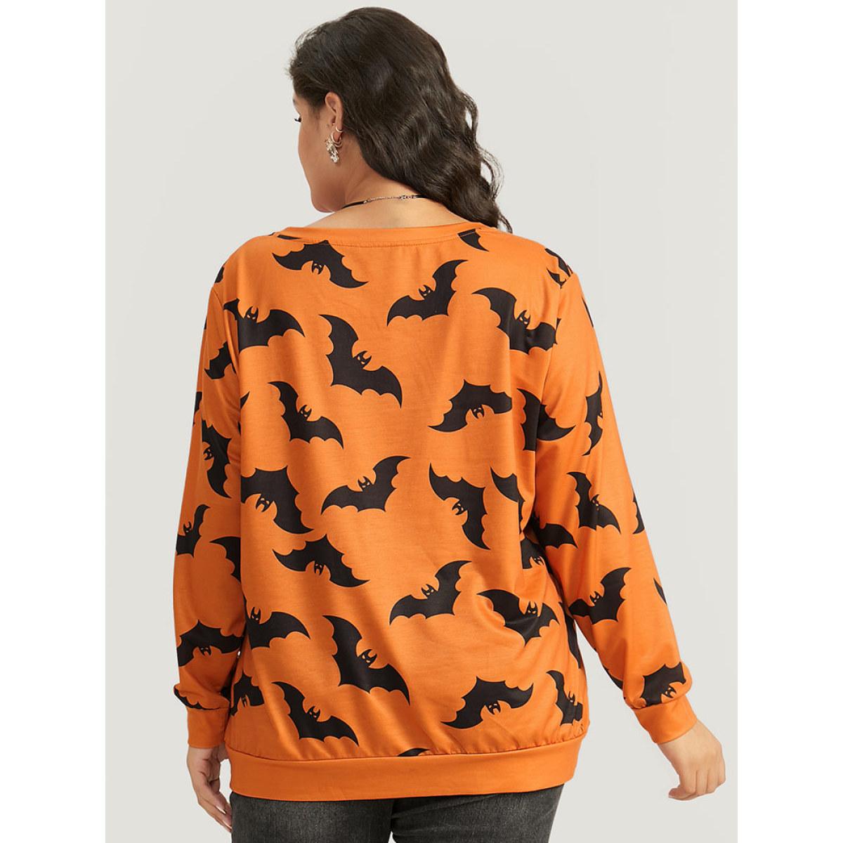 Plus Size Halloween Bat Print V Neck Sweatshirt Women OrangeRed Casual Elastic cuffs V-neck Festival-Halloween Sweatshirts BloomChic 10/M Product Image