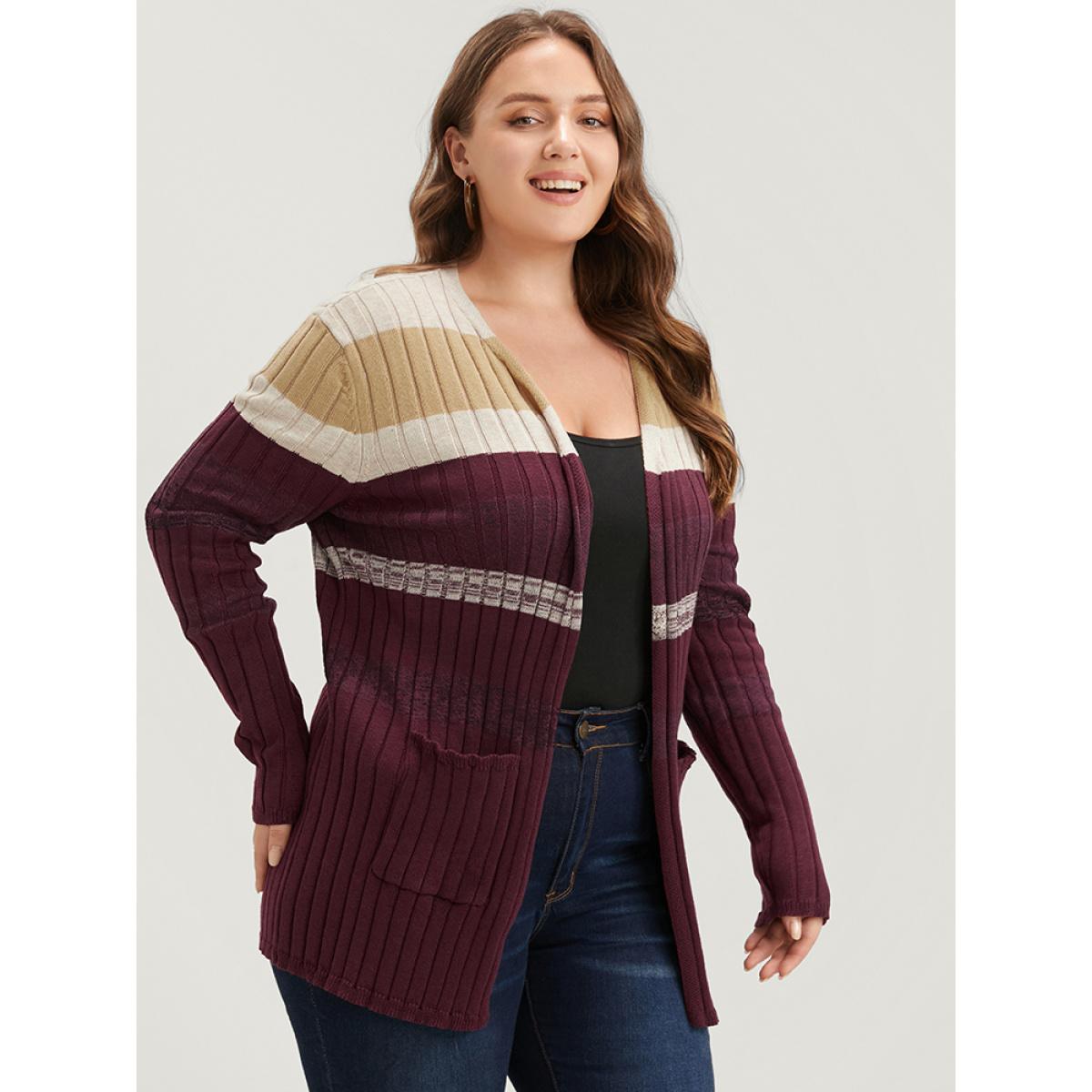 Plus Size Colorblock Contrast Super Soft Rib Knit Pocket Open Front Cardigan Burgundy Women Casual Long Sleeve Dailywear Cardigans BloomChic 30/6X Product Image