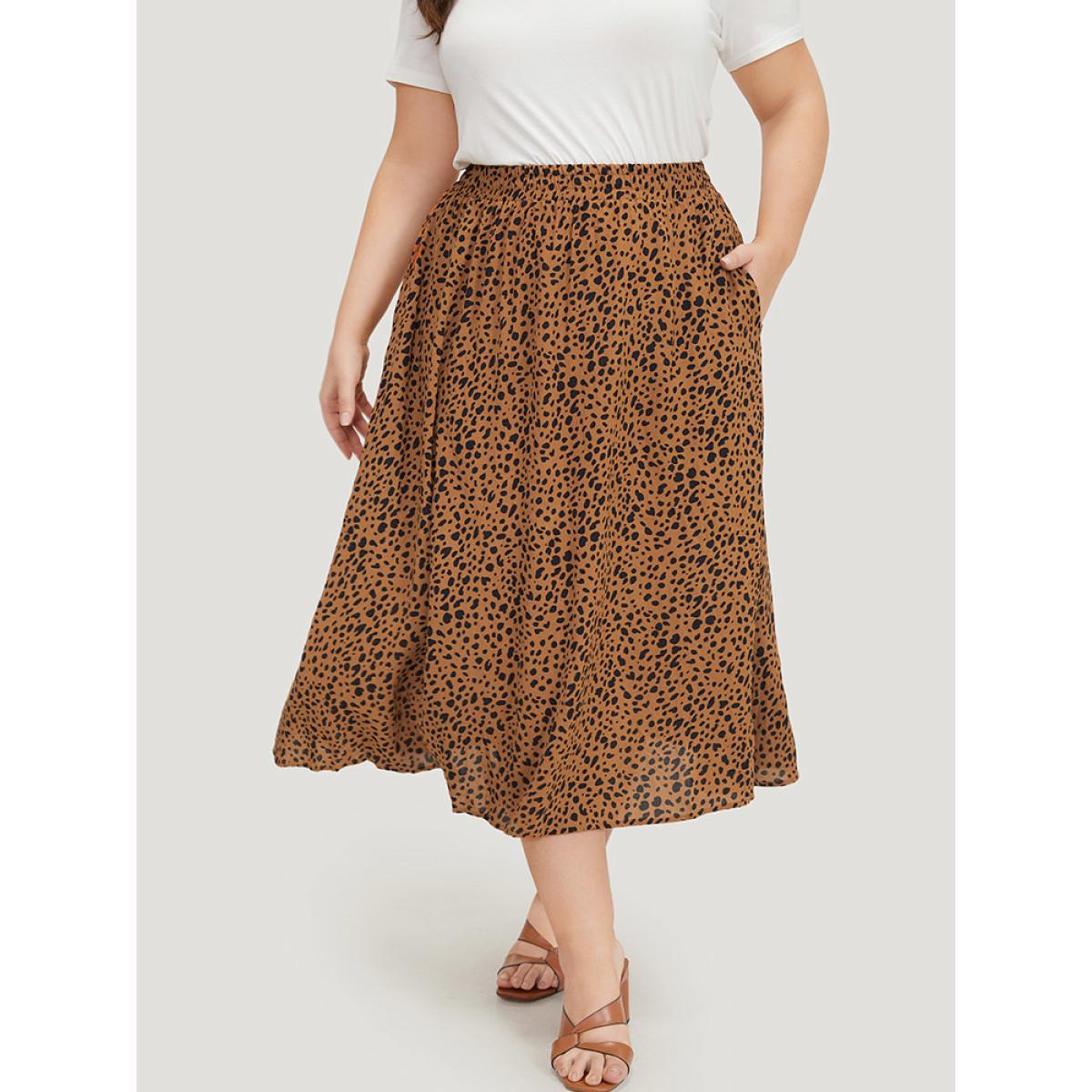 Plus Size Leopard Print Pocket Shirred Waist Skirt Women Leopard Elegant Pocket No stretch Pocket Dailywear Skirts BloomChic 26/4X Product Image