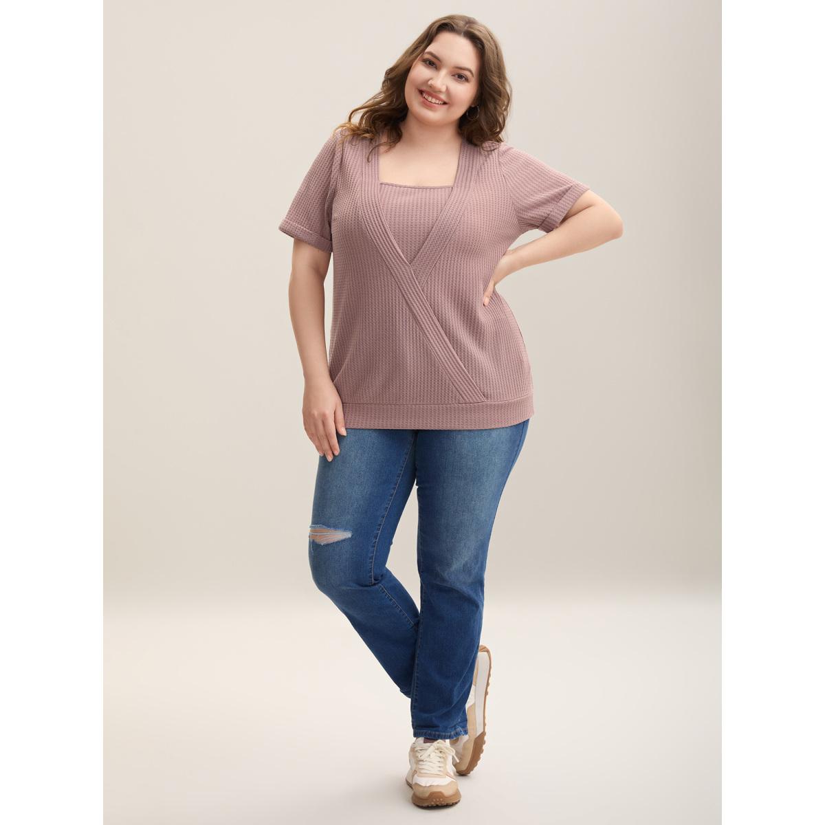 Plus Size 2-in-1 Wrap Textured Solid T-Shirt Dirtypink Women Casual Overlapping Non Everyday-Casual T-shirts BloomChic 22-24/3X Product Image