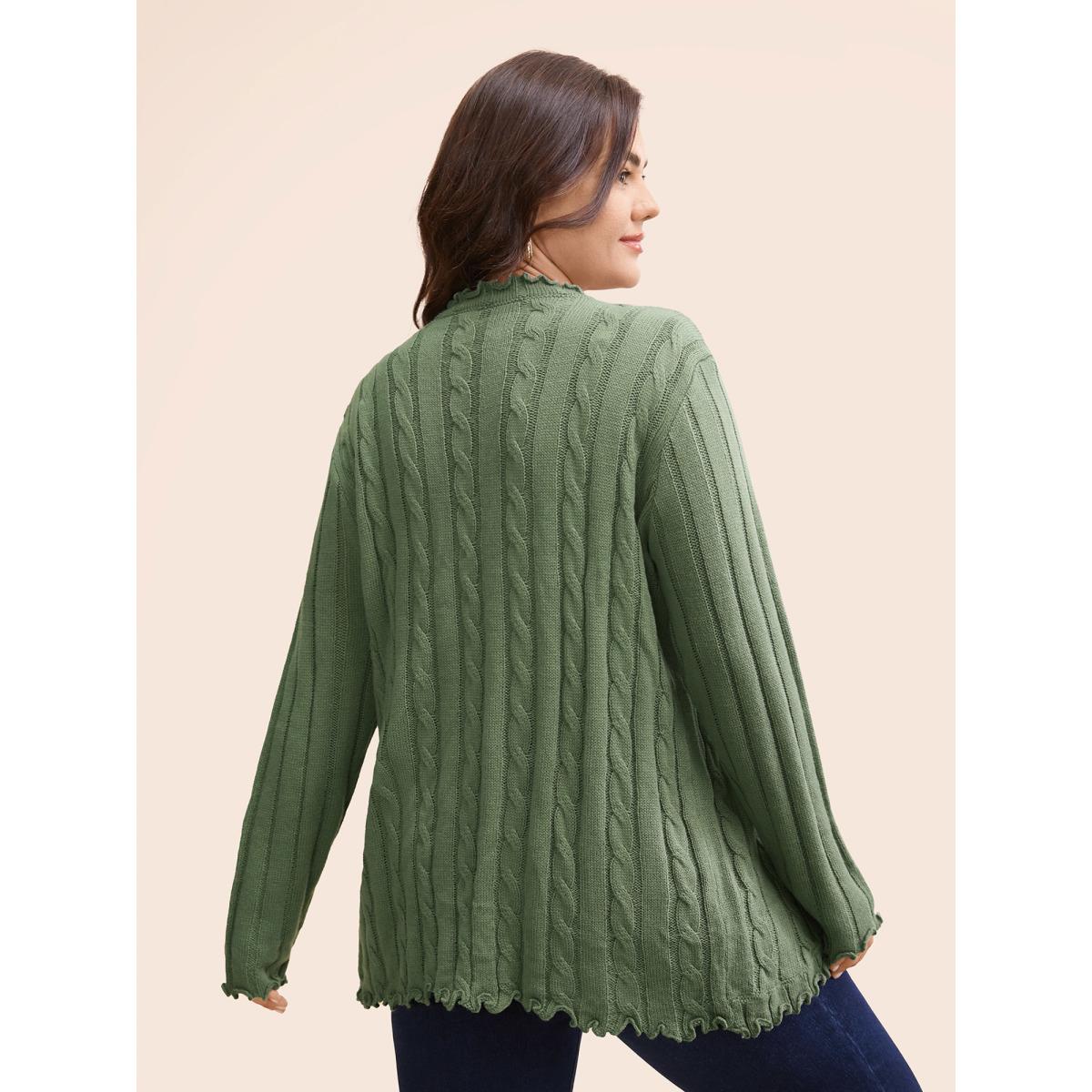 Plus Size Cable Knit Tie Knot Frill Trim Cardigan Greenbean Women Casual Loose Long Sleeve Everyday Cardigans BloomChic 22-24/3X Product Image