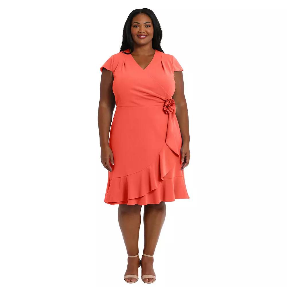 Plus Size London Times Rosette Wrap Cascade Ruffle Dress, Women's, Size: 16 W, Pink Product Image