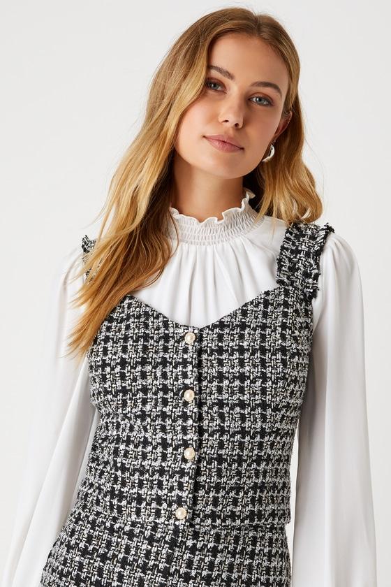 Upscale Instinct Black and Silver Tweed Button-Front Tank Top Product Image