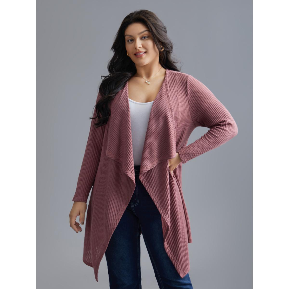 Plus Size Lapel Collar Waffle Grid Open-Front Jacket Women DustyPink Texture Loose Everyday Jackets BloomChic 10/M Product Image