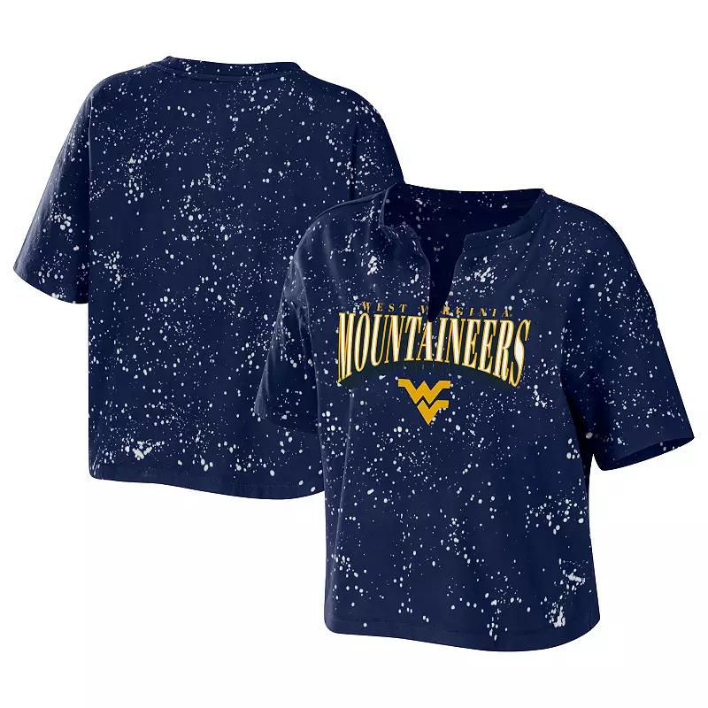 Women's WEAR by Erin Andrews Navy West Virginia Mountaineers Bleach Wash Splatter Notch Neck T-Shirt,  Product Image