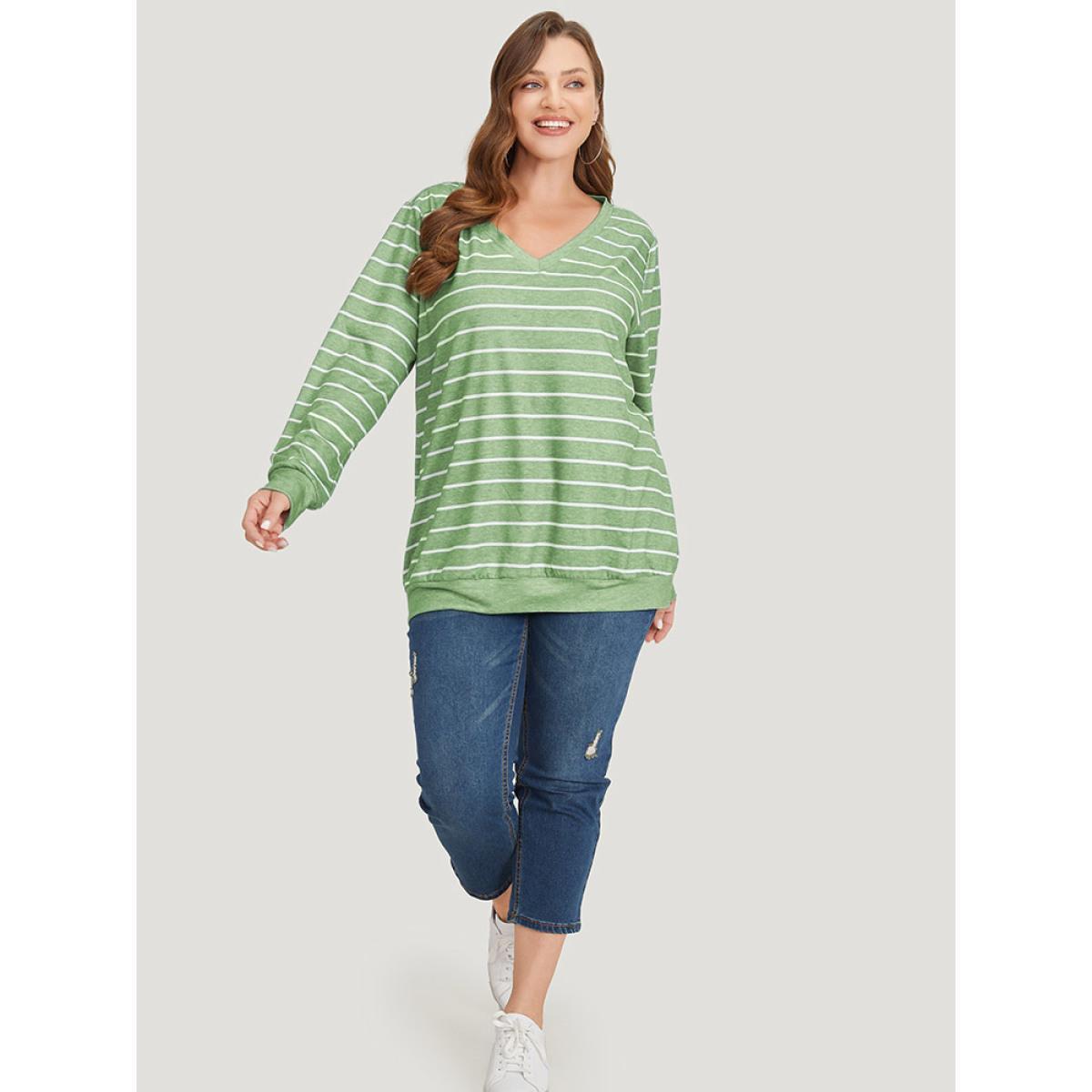 Plus Size Striped Print V Neck Sweatshirt Women Green Casual V-neck Dailywear Sweatshirts BloomChic 12/L Product Image