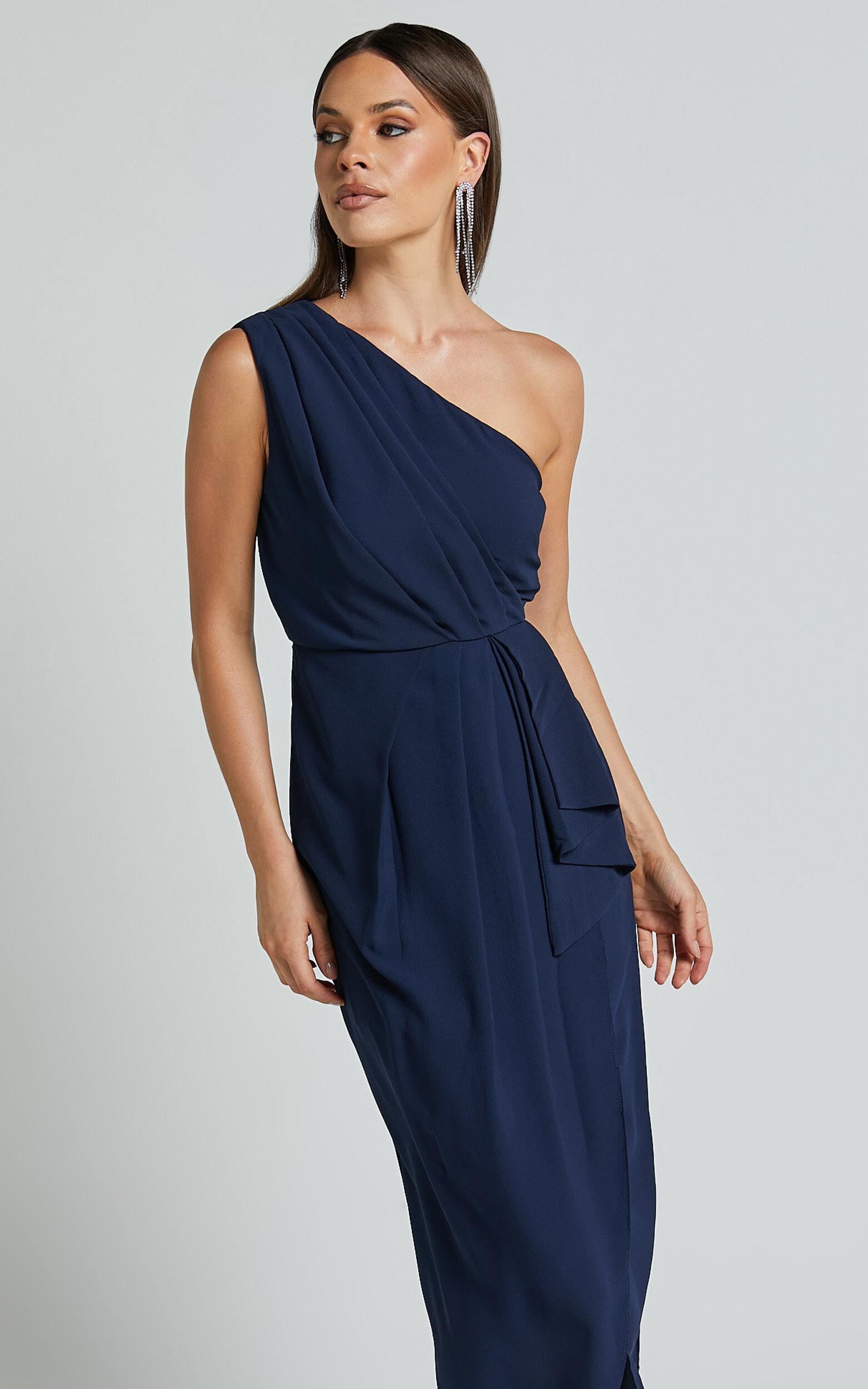 Namaari Midi Dress - Faux Wrap One Shoulder Dress in Navy Product Image