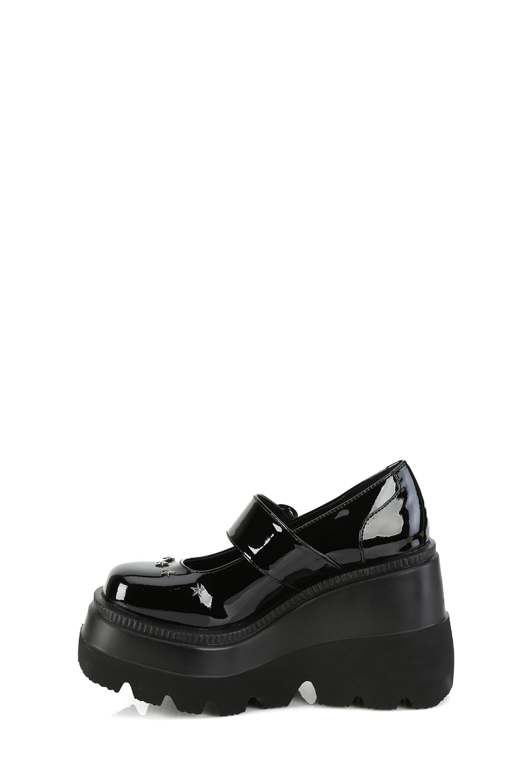 Demonia Wedge Platform Mary Janes - Black Patent Product Image