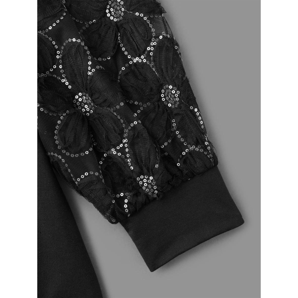 Plus Size Floral Sequin Mesh Patchwork Sweatshirt Women Black Elegant Patchwork Round Neck Everyday Sweatshirts BloomChic 12/L Product Image