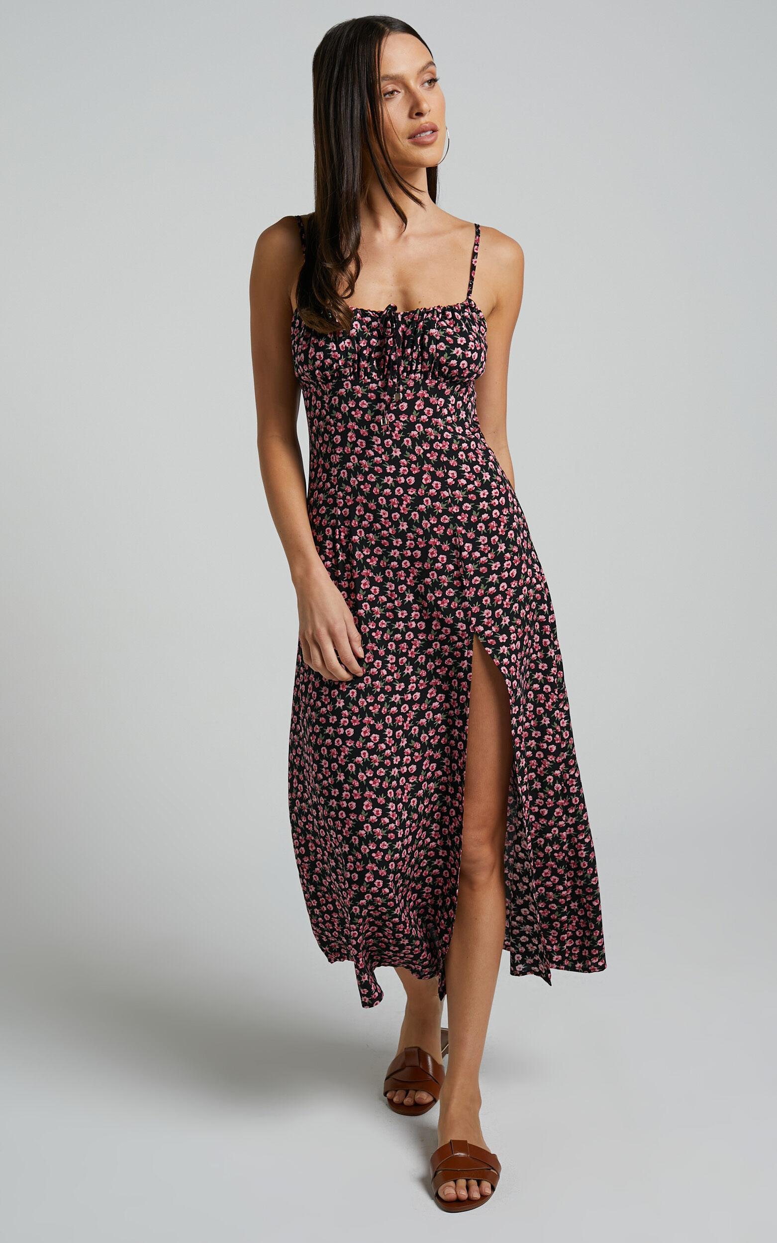 Willa Midi Dress - Ruched Bust Thigh Split Dress in Black Floral Product Image