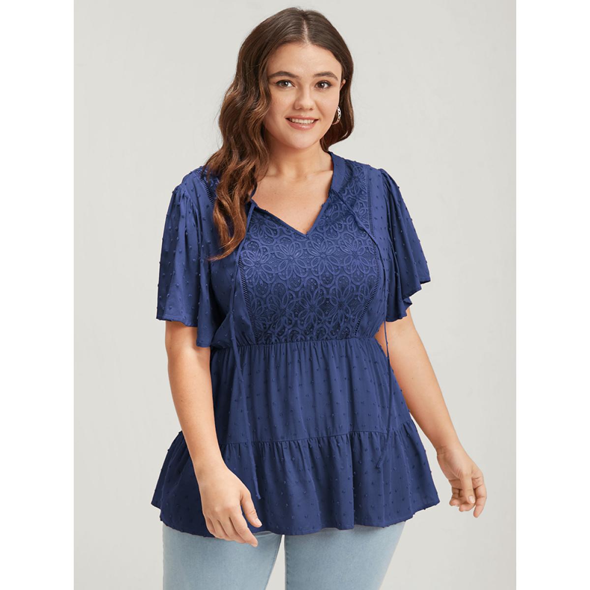 Plus Size DarkBlue Plain Crochet Lace Embroidered Ruffles Ties Neck Blouse Women Elegant Short sleeve V-neck Dailywear Blouses BloomChic 10/M Product Image