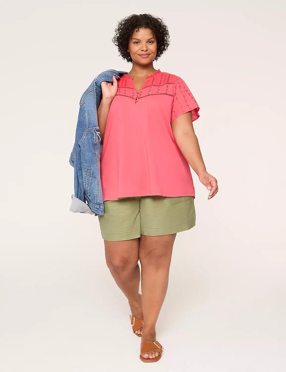 Lace-Trim Notch-Neck Eyelet Top Product Image