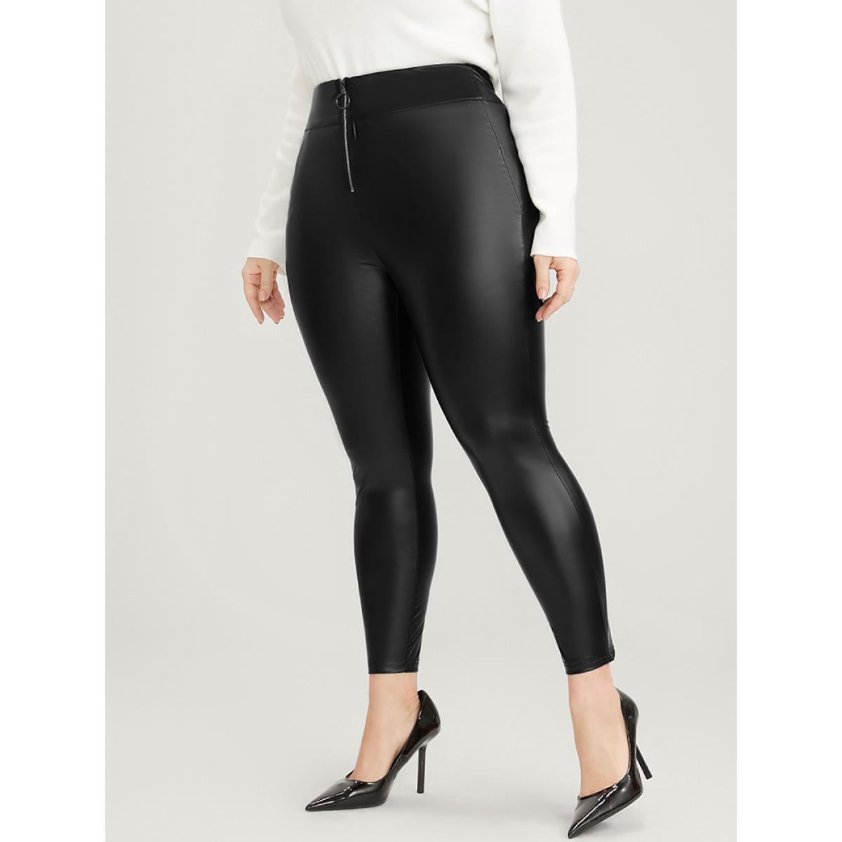 Plus Size PU Leather Wideband Waist Zipper Skinny Leggings Women Black Party Low stretch Skinny Mid Rise Going out Leggings BloomChic 18-20/2X Product Image