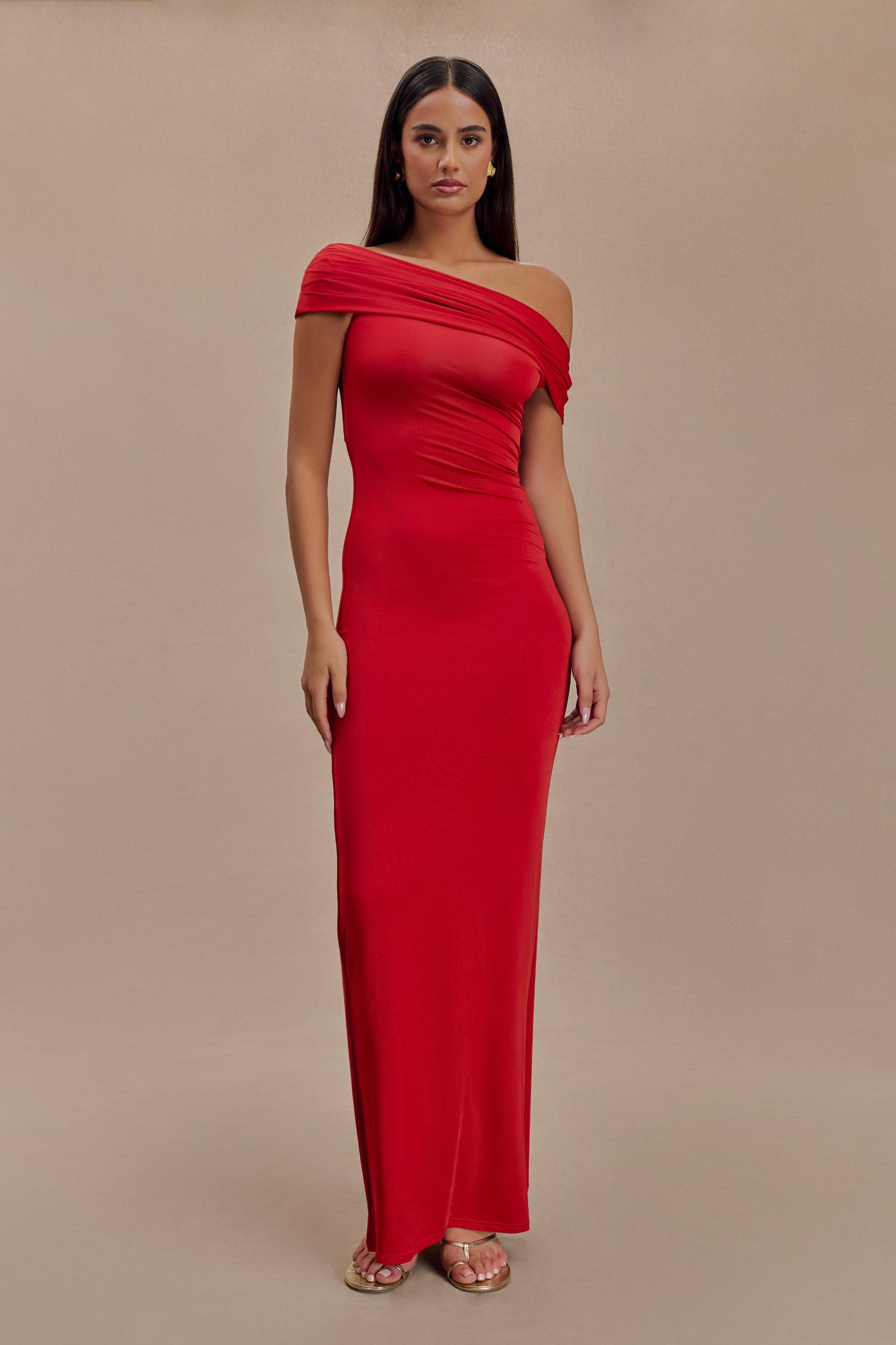 Cassandra Off Shoulder Slinky Maxi Dress - Red Product Image
