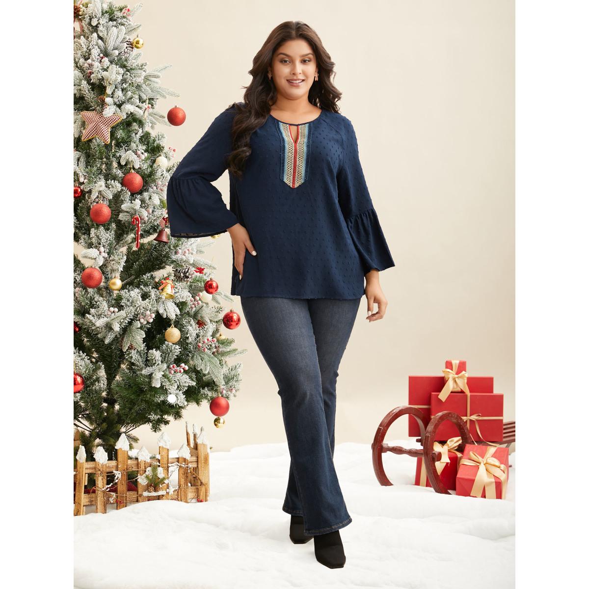 Plus Size Indigo Textured Embroidered Neckline A-Line Blouse Women Casual Three Quarter Length Sleeve V-neck Everyday Blouses BloomChic 28/5X Product Image