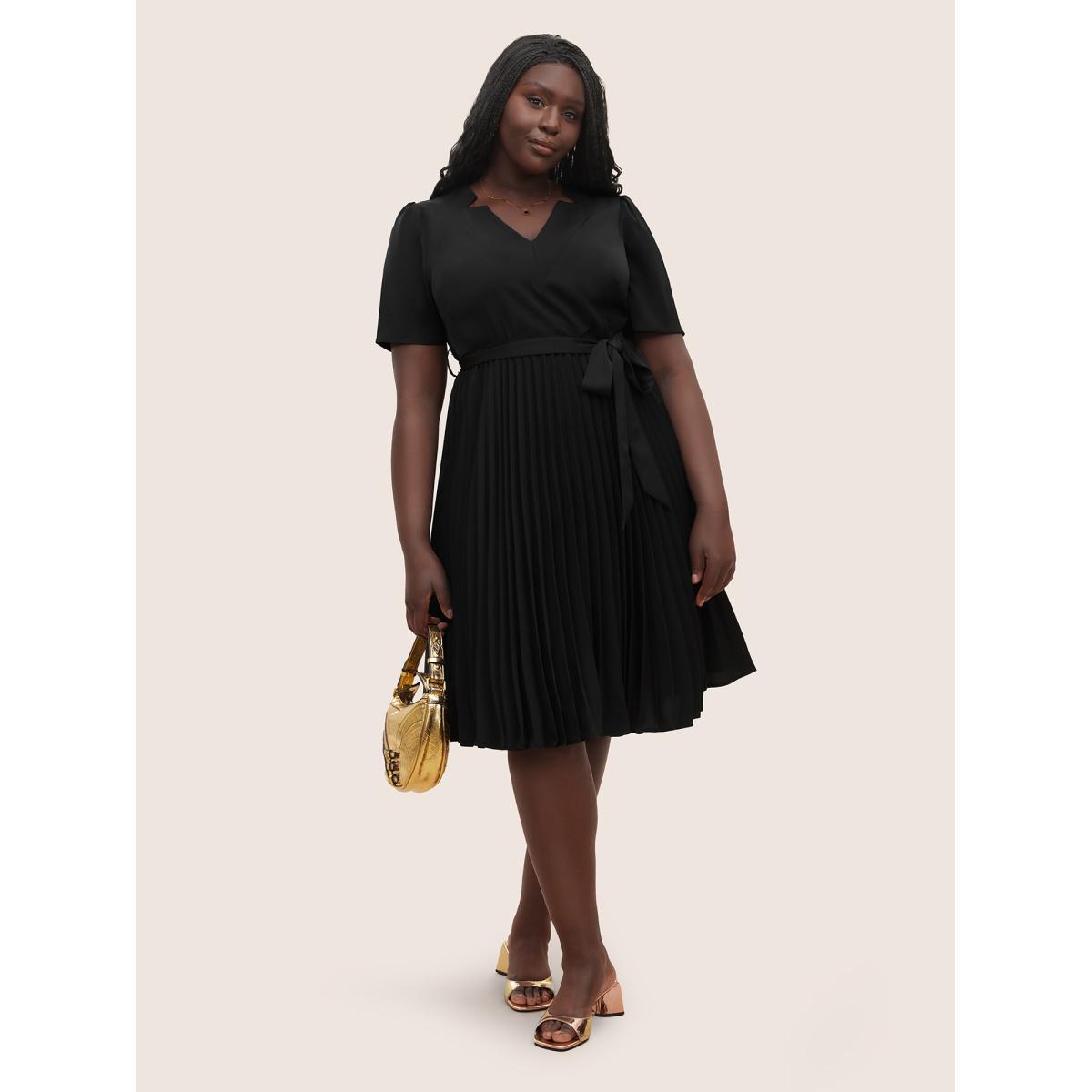 Plus Size Solid Pleated Buckle Detail Belted Dress Black Women Workwear Essentials Non V-neck Short sleeve Curvy Midi Dress BloomChic 18-20/2X Product Image