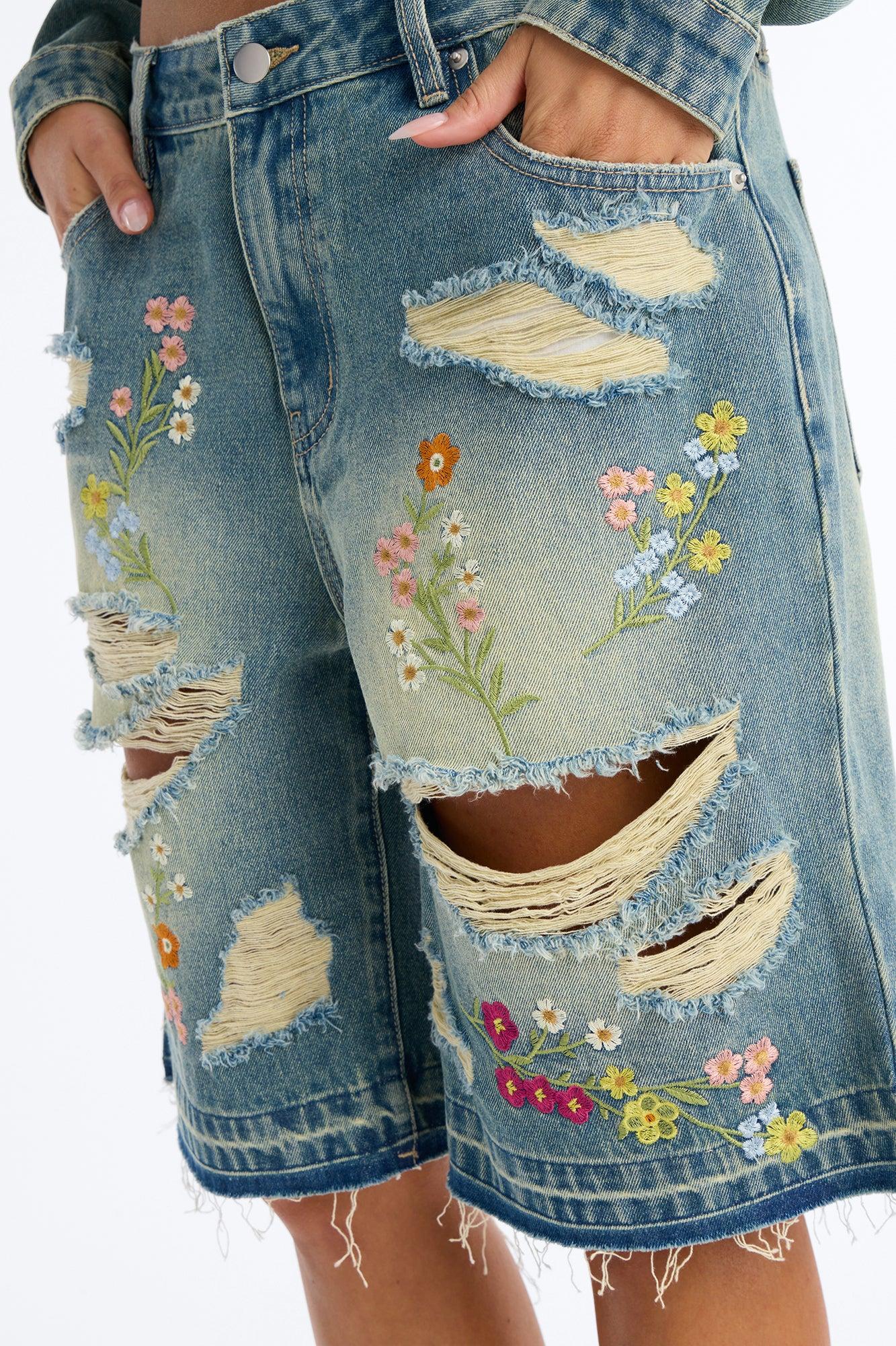 Enchanted Garden Embroidered Bermuda Shorts - Vintage Wash Female Product Image