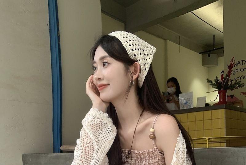 Spaghetti Strap Plaid Panel Tiered Midi A-Line Dress / Crochet Cardigan Product Image