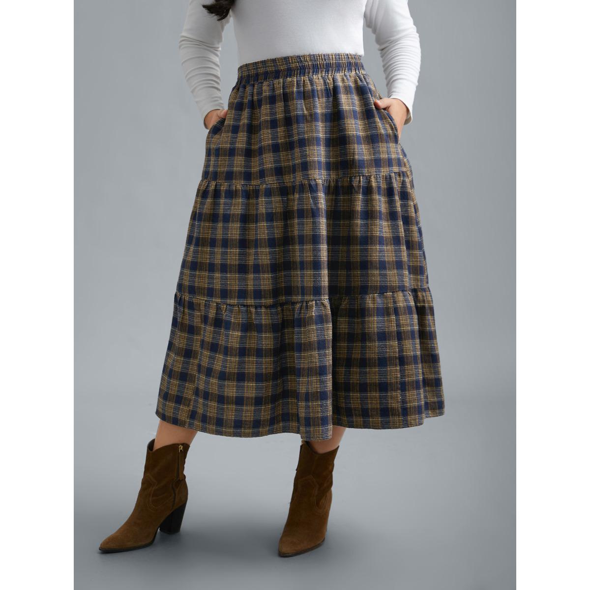 Plus Size Plaid Pattern Stretchy Waist Skirt Women Indigo Elegant Gathered No stretch Side seam pocket Everyday Skirts BloomChic 14-16/1X Product Image
