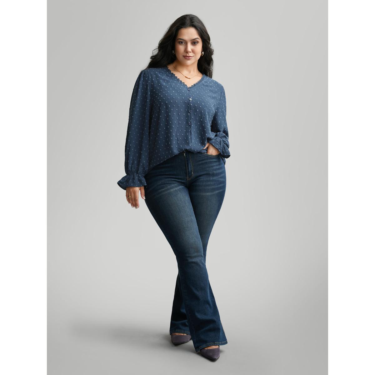 Plus Size Indigo Textured Lace Trim Patchwork Ruffles Blouse Women Timeless Long Sleeve V-neck Elegant Blouses BloomChic 18-20/2X Product Image