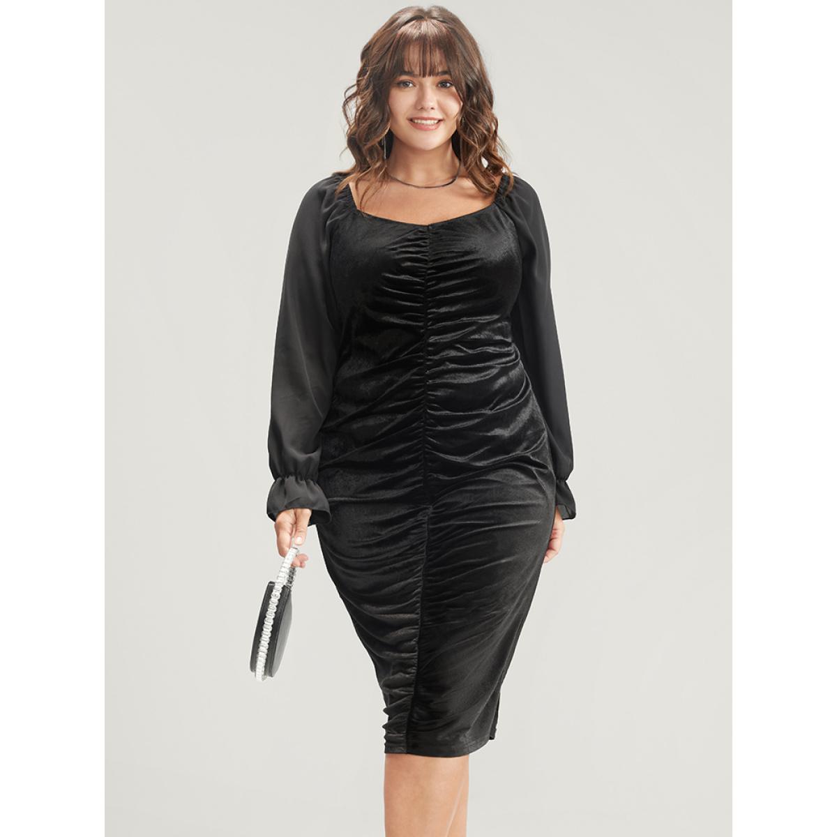 Plus Size Solid Lantern Sleeve Ruched Velvet Knee Dress Black Women Party Gathered V-neck Long Sleeve Curvy Knee Dress BloomChic 26/4X Product Image