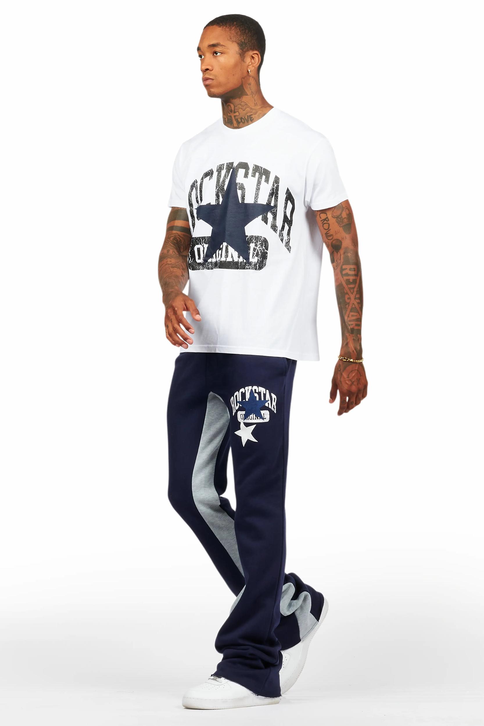 Mallor White/Navy T-Shirt/Stacked Baggy Track Pant Set Male Product Image