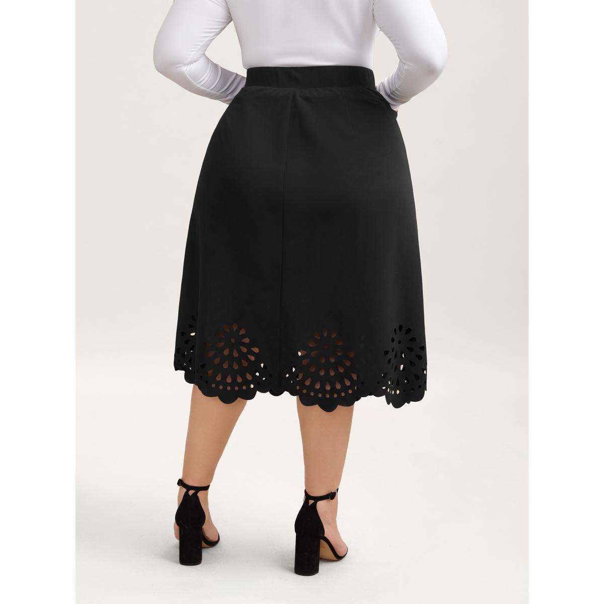 Plus Size Laser Cut-Out Flared Midi Skirt Women Black Elegant Cut-Out Medium stretch Slanted pocket Everyday Skirts BloomChic 26/4X Product Image