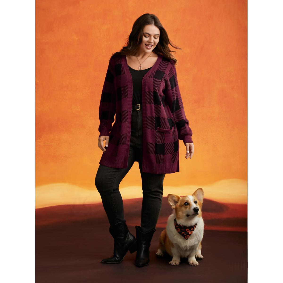 Plus Size Supersoft Essentials Plaid Open Cardigan Burgundy Women Leisure Loose Long Sleeve Casual Cardigans BloomChic 10/M Product Image