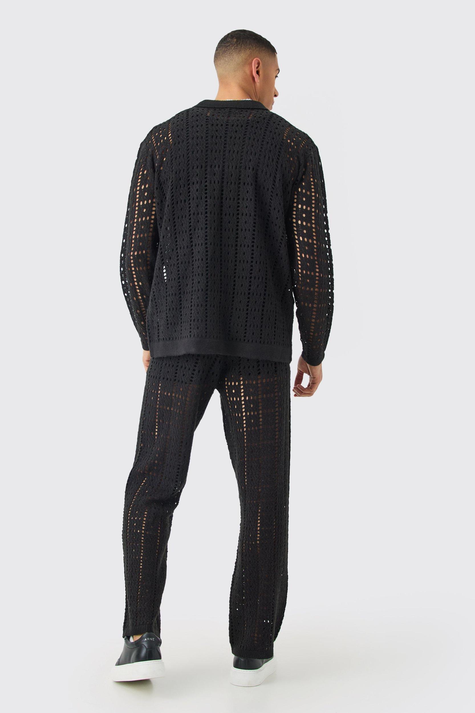 Oversized Long Sleeve Crochet Shirt In Black | boohooMAN USA Product Image