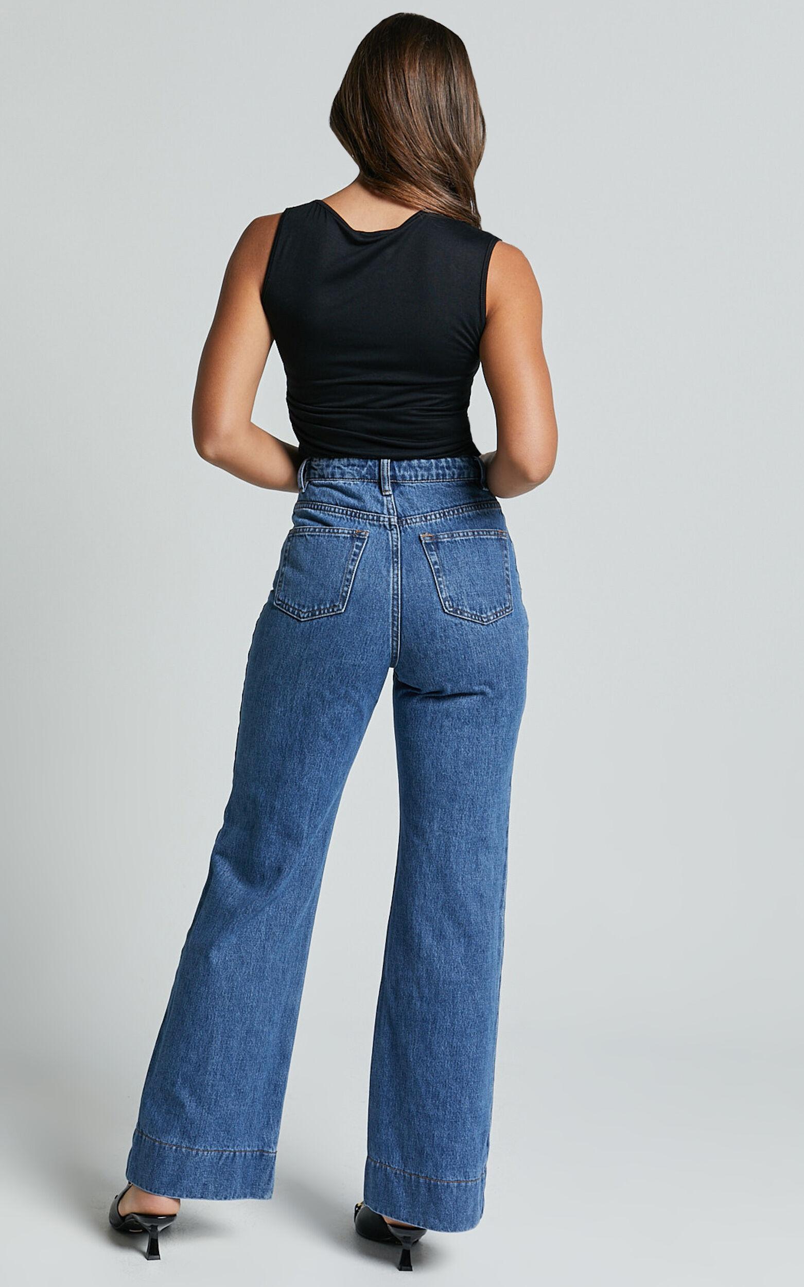 Vancouver Jeans - High Waist Straight Leg Patch Pocket Denim Jeans in Mid Blue Wash Product Image