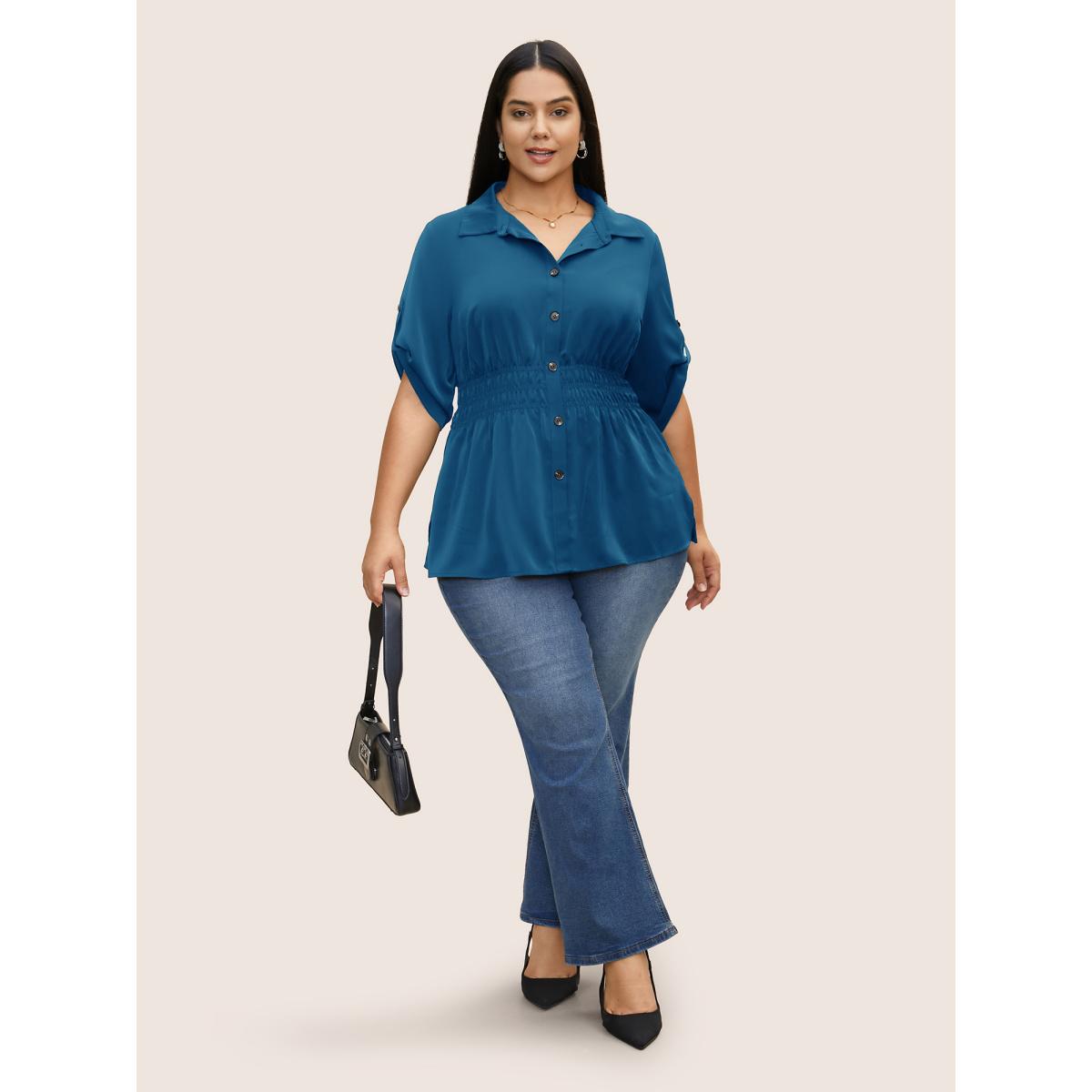 Plus Size Cerulean Shirt Collar Button Cuff Sleeve Blouse Women Work From Home Half Sleeve Shirt collar Work Blouses BloomChic 12/L Product Image