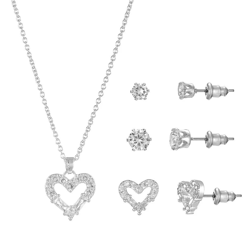 Silver Tone Cubic Zirconia Heart Pendant Necklace & Stud Earrings Trio Set, Women's, Size: 18+3", Silver Tone Clear Product Image