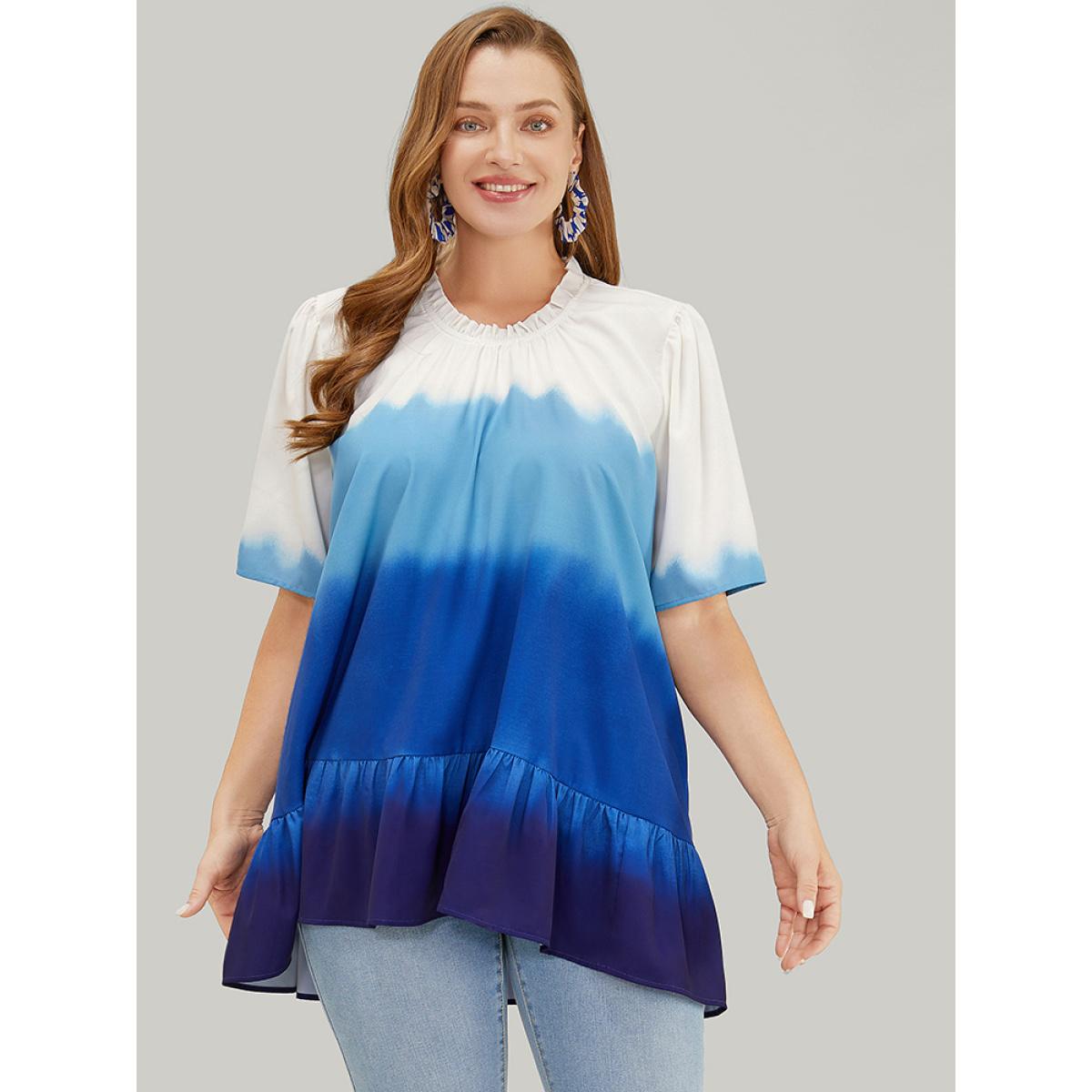 Plus Size Cerulean Tie Dye Frill Trim Mock Neck Ruffle Asymmetrical Hem Blouse Women Vacation Half Sleeve Mock Neck Dailywear Blouses BloomChic 22-24/3X Product Image