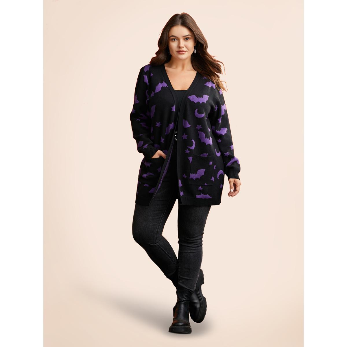 Plus Size Bat Printed Jacquard Cardigan Black Women Casual Loose Long Sleeve Everyday Cardigans BloomChic 14-16/1X Product Image