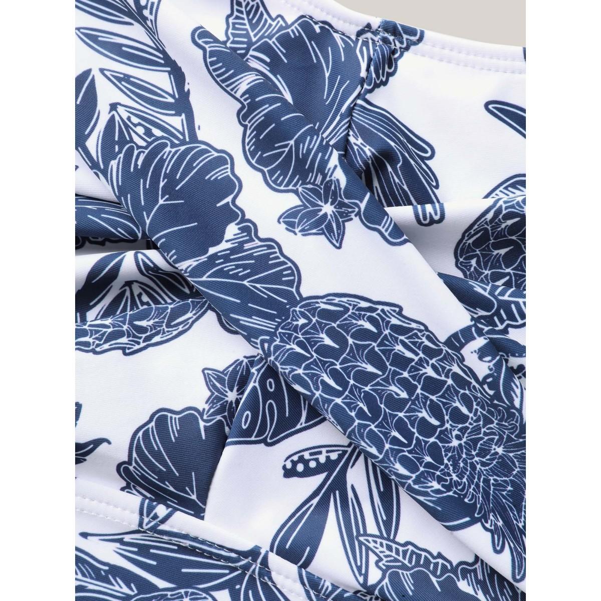 Plus Size Tropical Print Twist Front Swim Dress Women's Swimwear DarkBlue Resort Bodycon Heart neckline High stretch Curve Swim Dresses BloomChic 22-24/3X Product Image