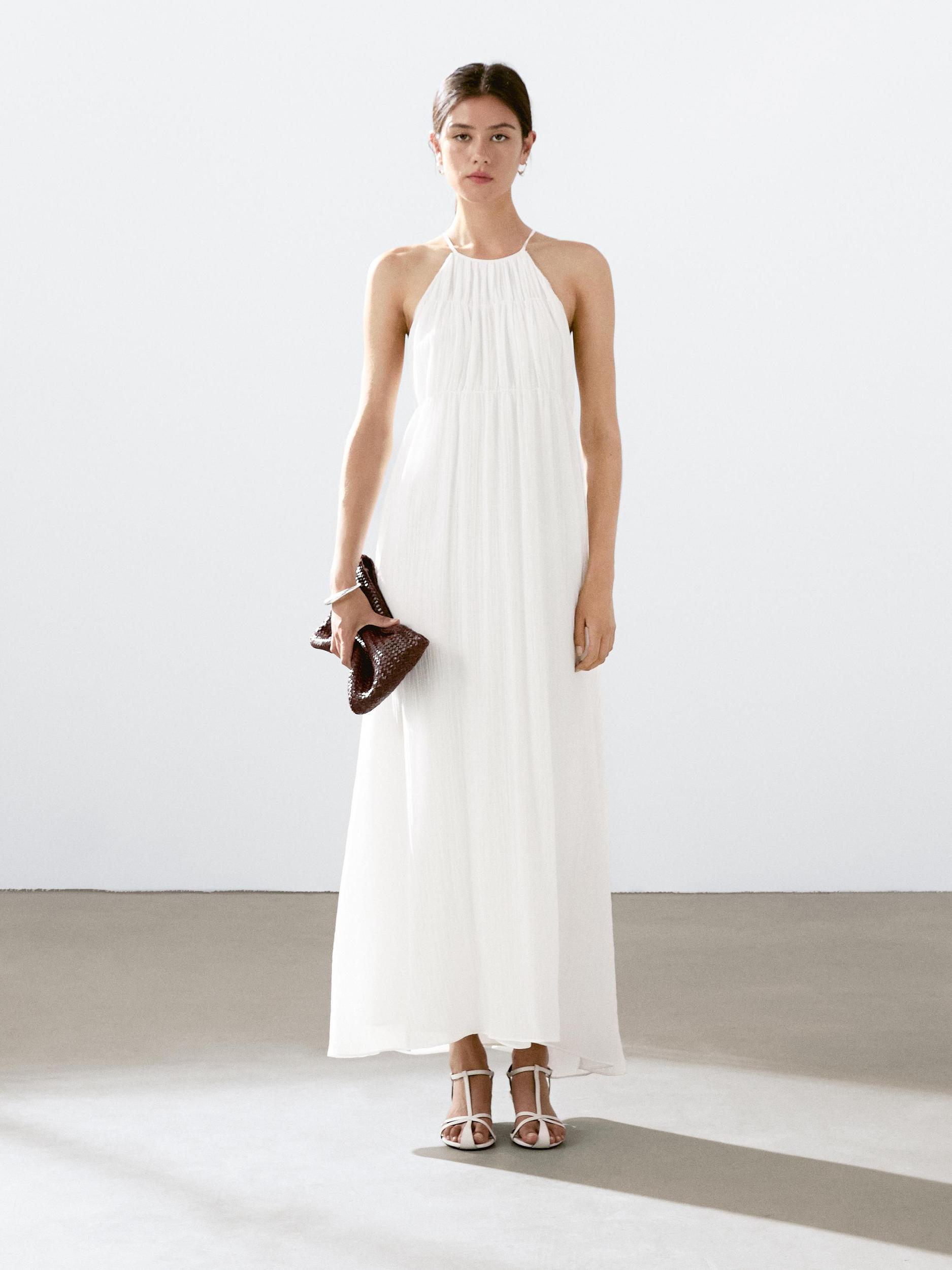 Long pleated dress with gathered detail Product Image