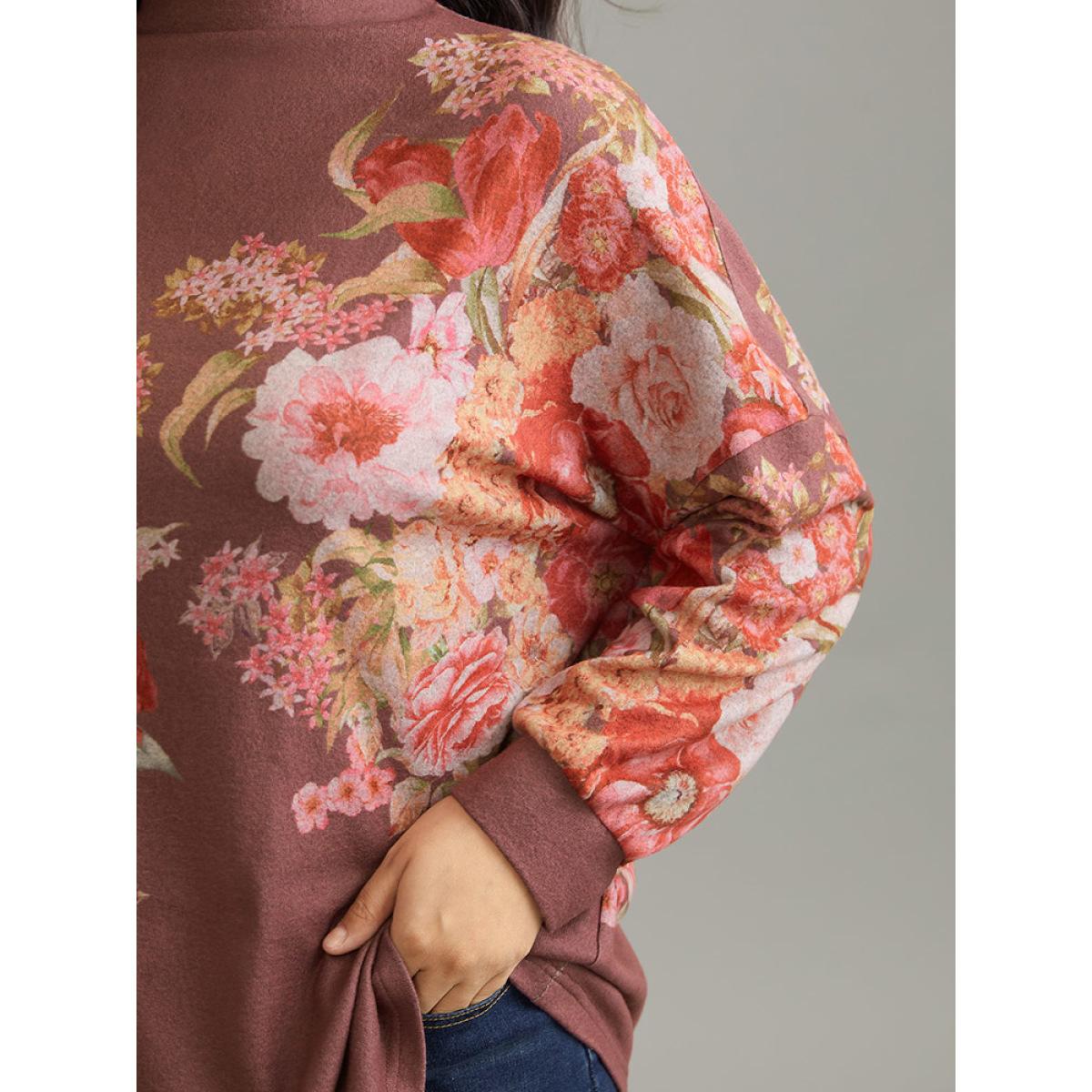 Plus Size Floral Print Mock Neck Elastic Cuffs Sweatshirt Women DarkBrown Elegant Printed Mock Neck Dailywear Sweatshirts BloomChic 18-20/2X Product Image