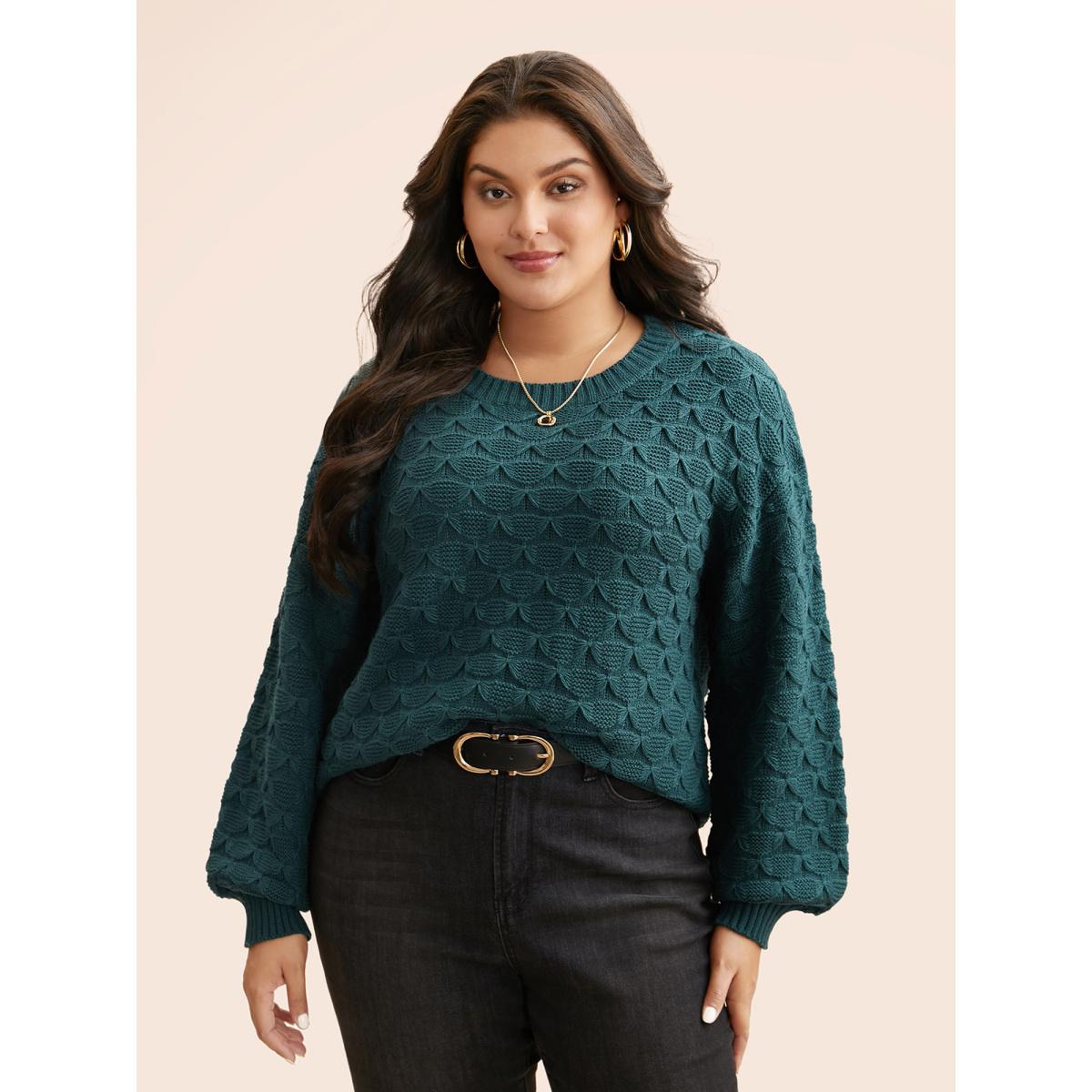 Plus Size Fish Scale Texture Drop Shoulder Pullover Cyan Women Casual Loose Long Sleeve Round Neck Everyday Pullovers BloomChic 18-20/2X Product Image