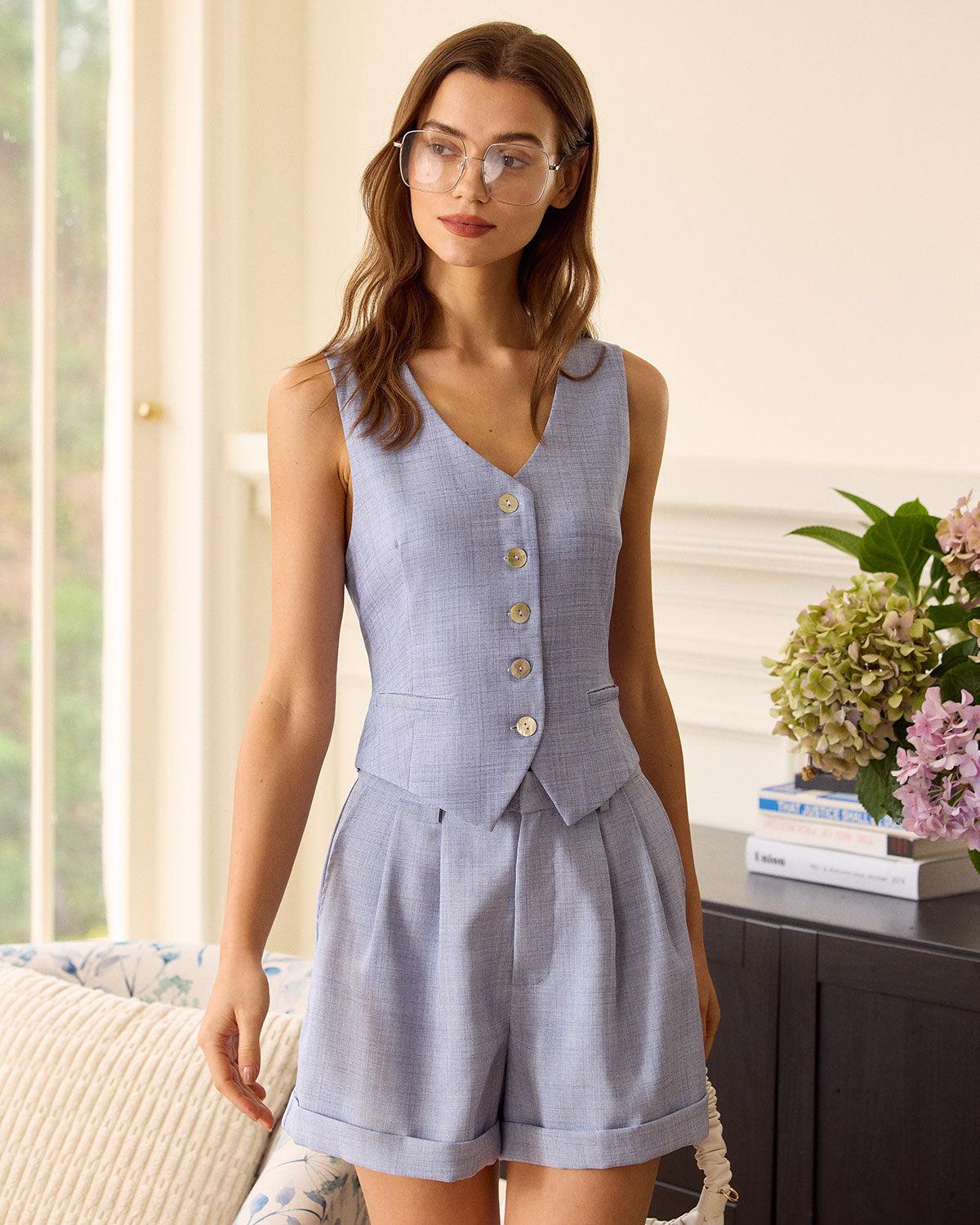 The Blue High-Waisted Pleated Shorts Product Image