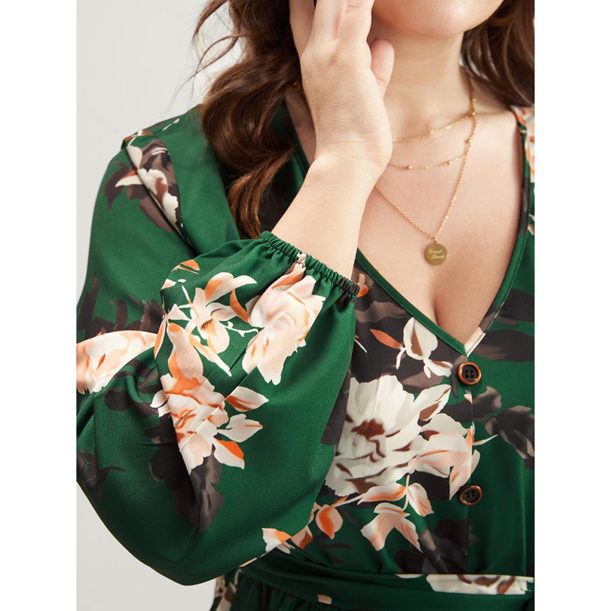 Plus Size Floral Print Lantern Sleeve Button Detail Pocket Belted Dress Moss Women Elegant Elastic Waist V-neck Long Sleeve Curvy Midi Dress BloomChic 12/L Product Image