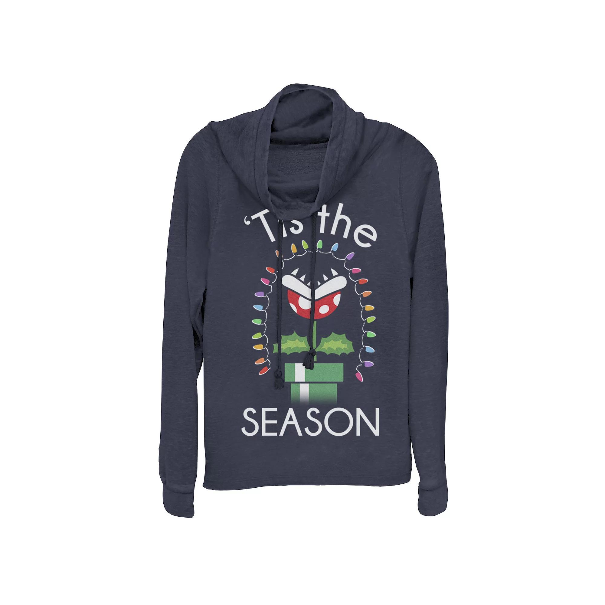 Juniors' Nintendo Super Mario Bro's Piranha Tis The Season Cowlneck Graphic Lightweight Long Sleeve, Girl's,  Product Image