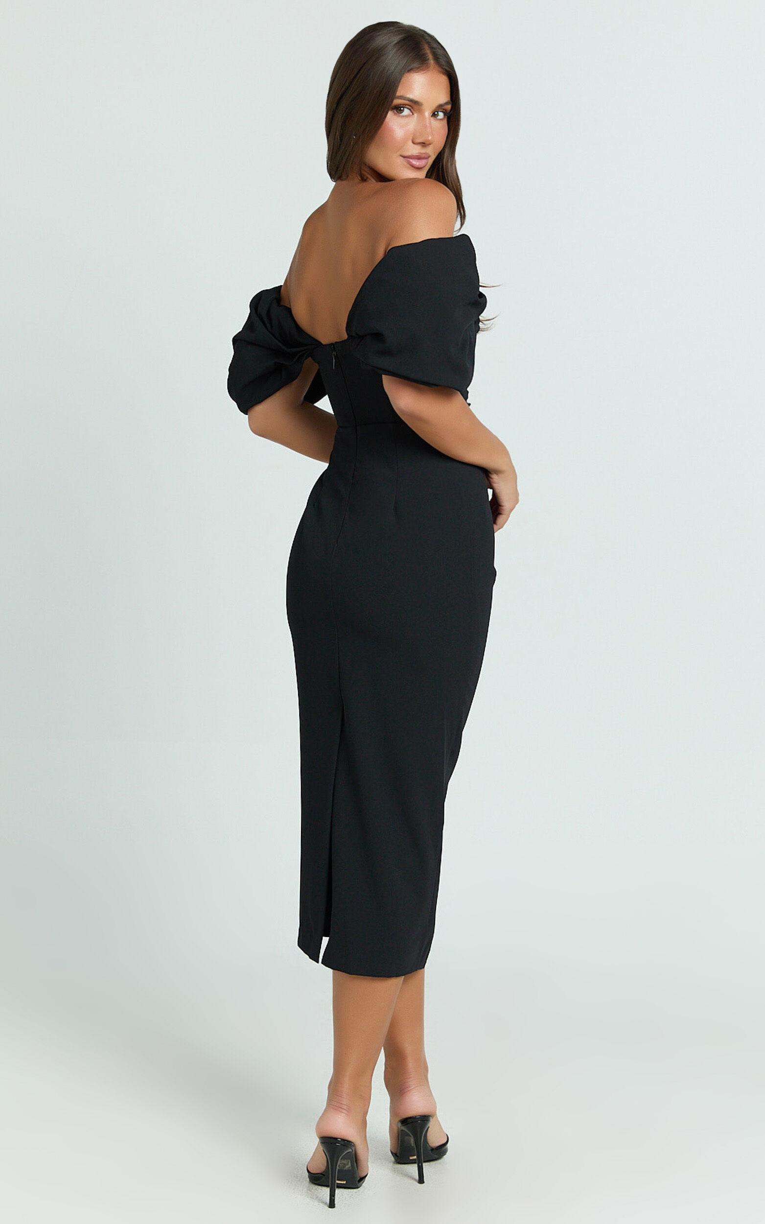Lohan Midi Dress - Off Shoulder Puff Sleeve in Black Product Image