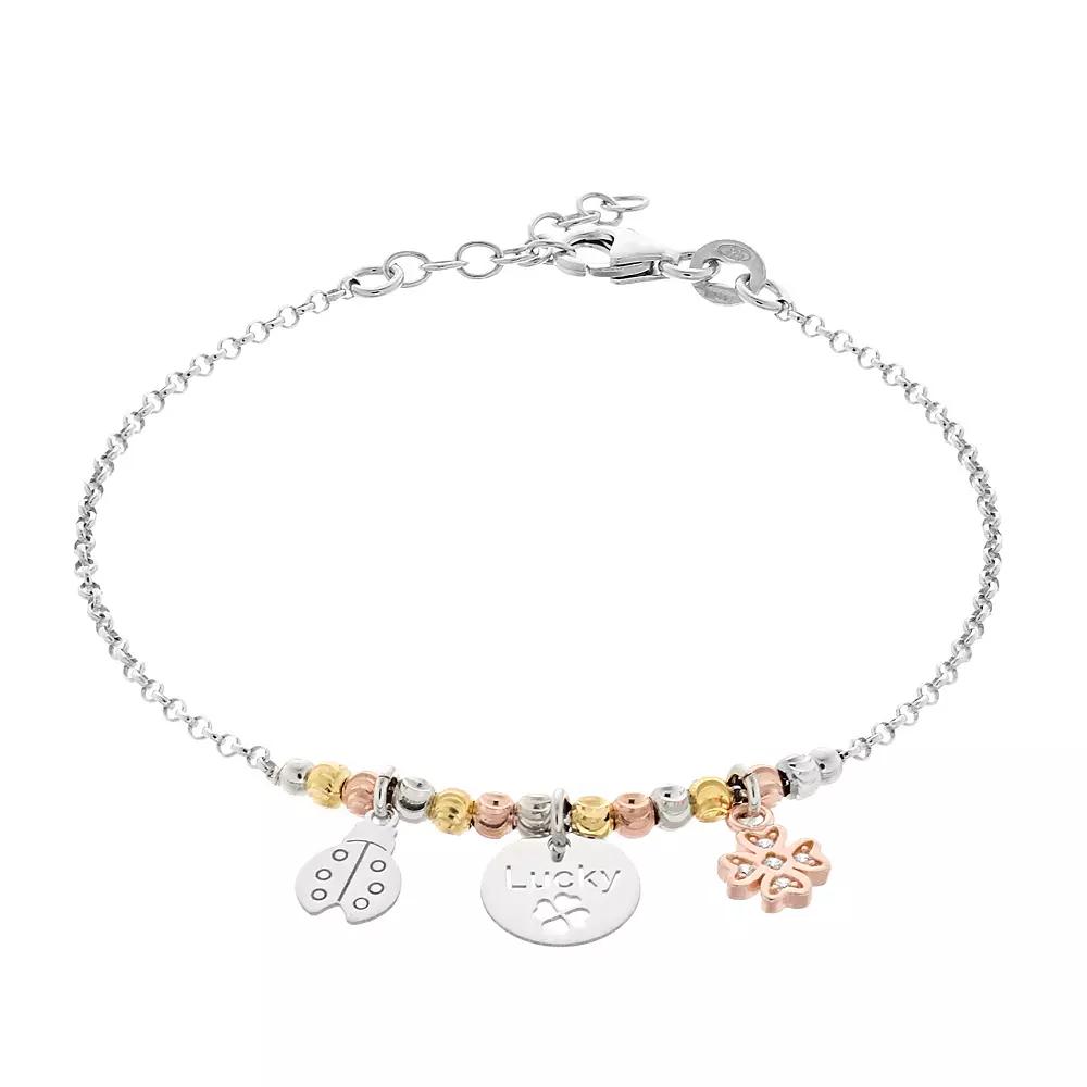 Tri Tone Sterling Silver Cubic Zirconia Clover & Ladybug Charm Bracelet, Women's, Size: 7-8" ADJ Product Image
