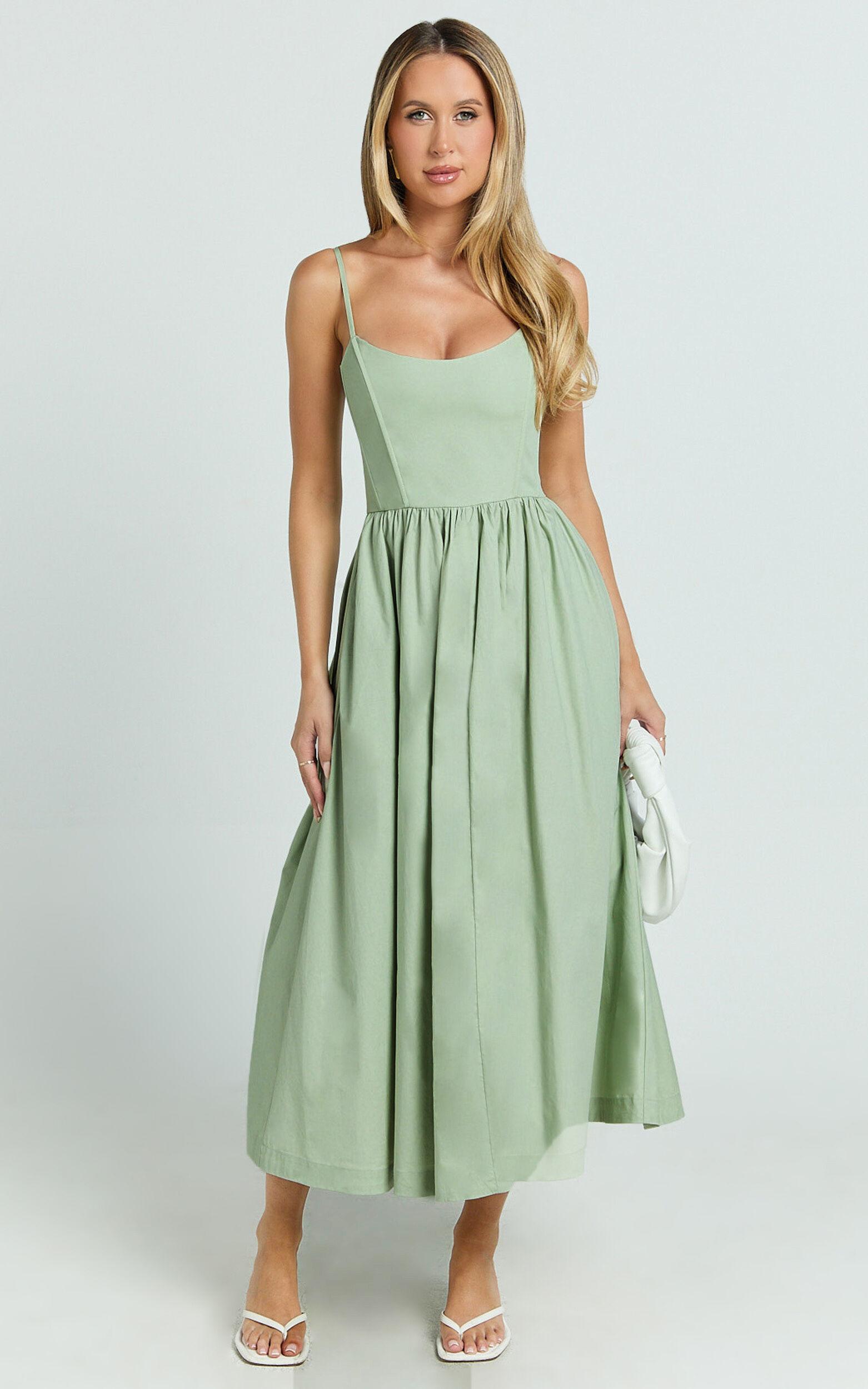 Braelyn Midi Dress - Scoop Neck Flare Dress in Sage Product Image
