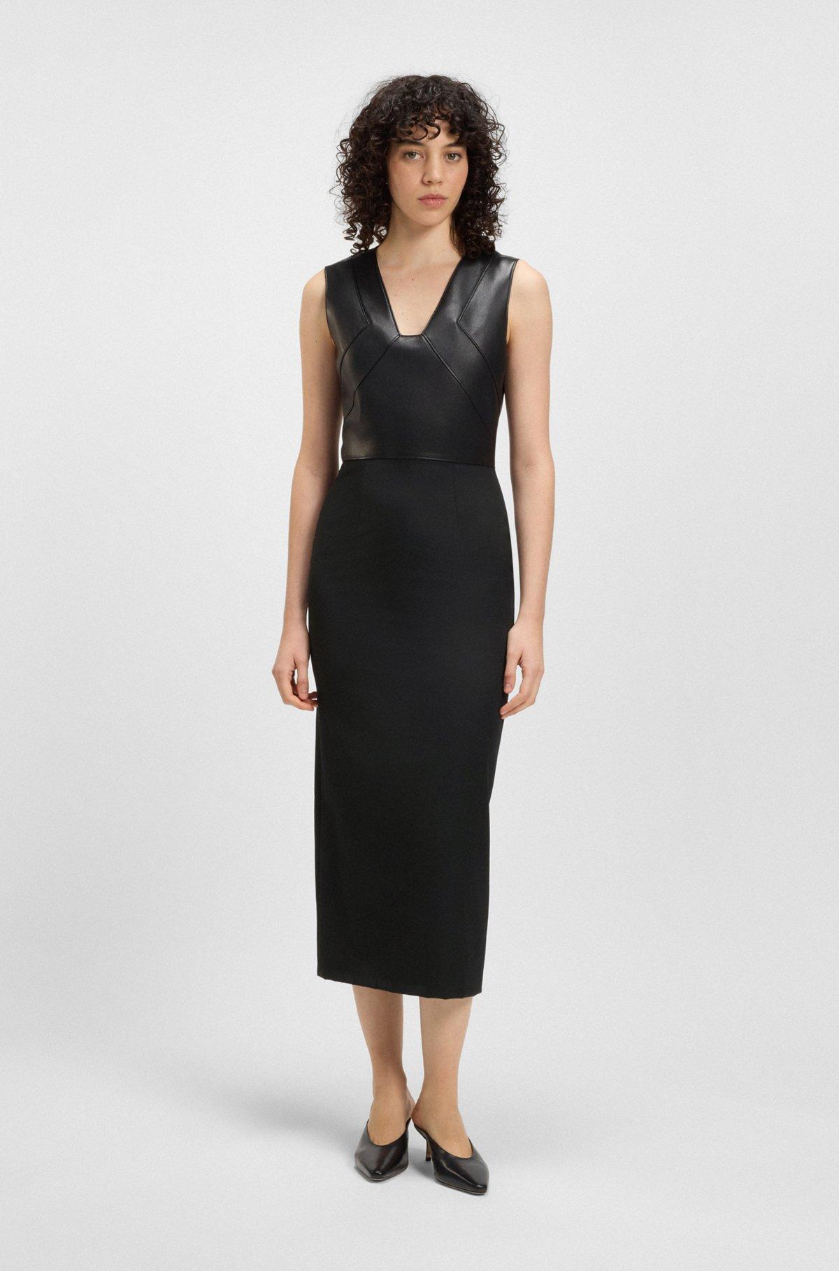 BOSS - Virgin-wool dress with leather bodice - Black Product Image