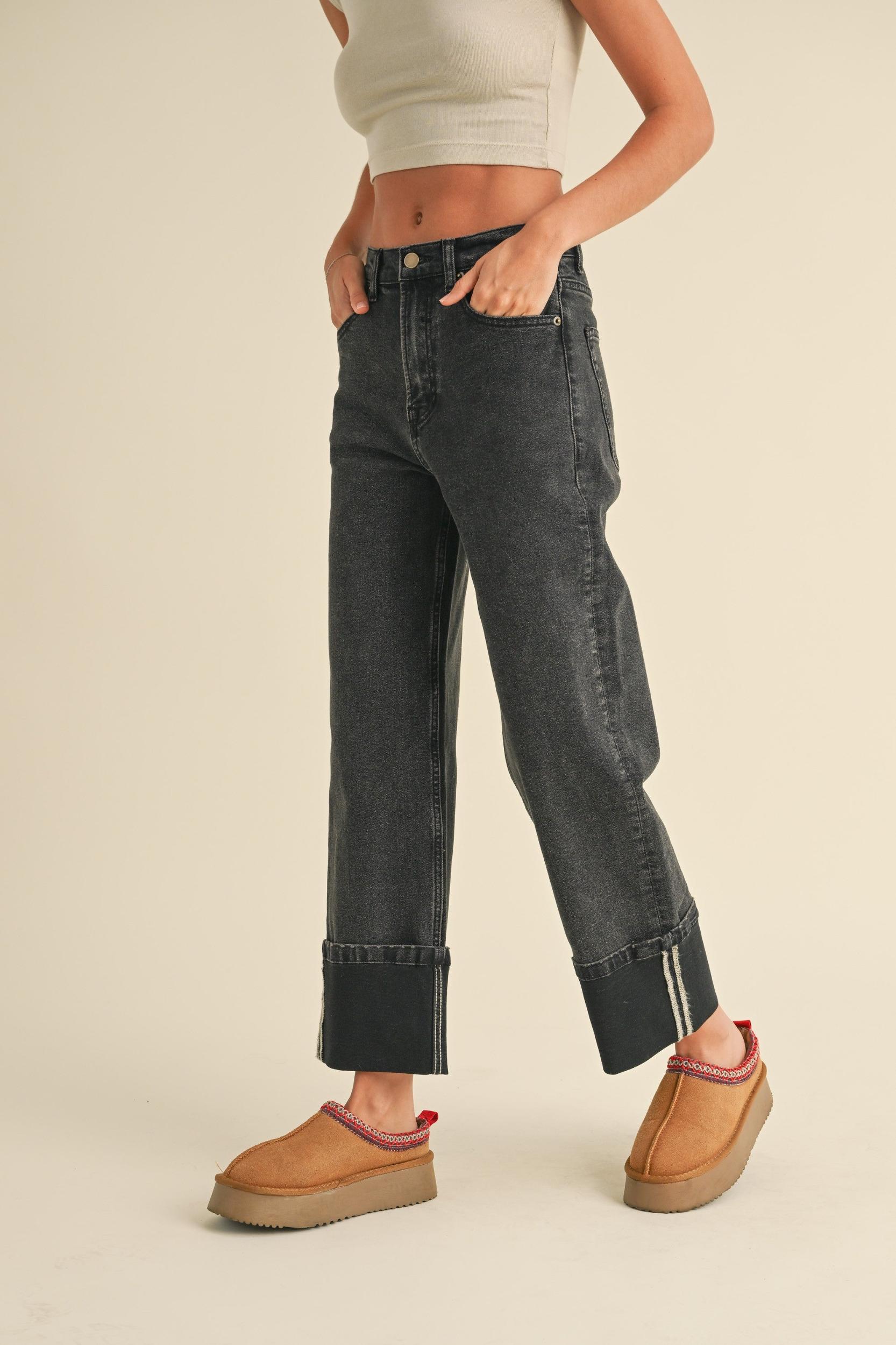 Cuffed Bottom Denim Pants Product Image