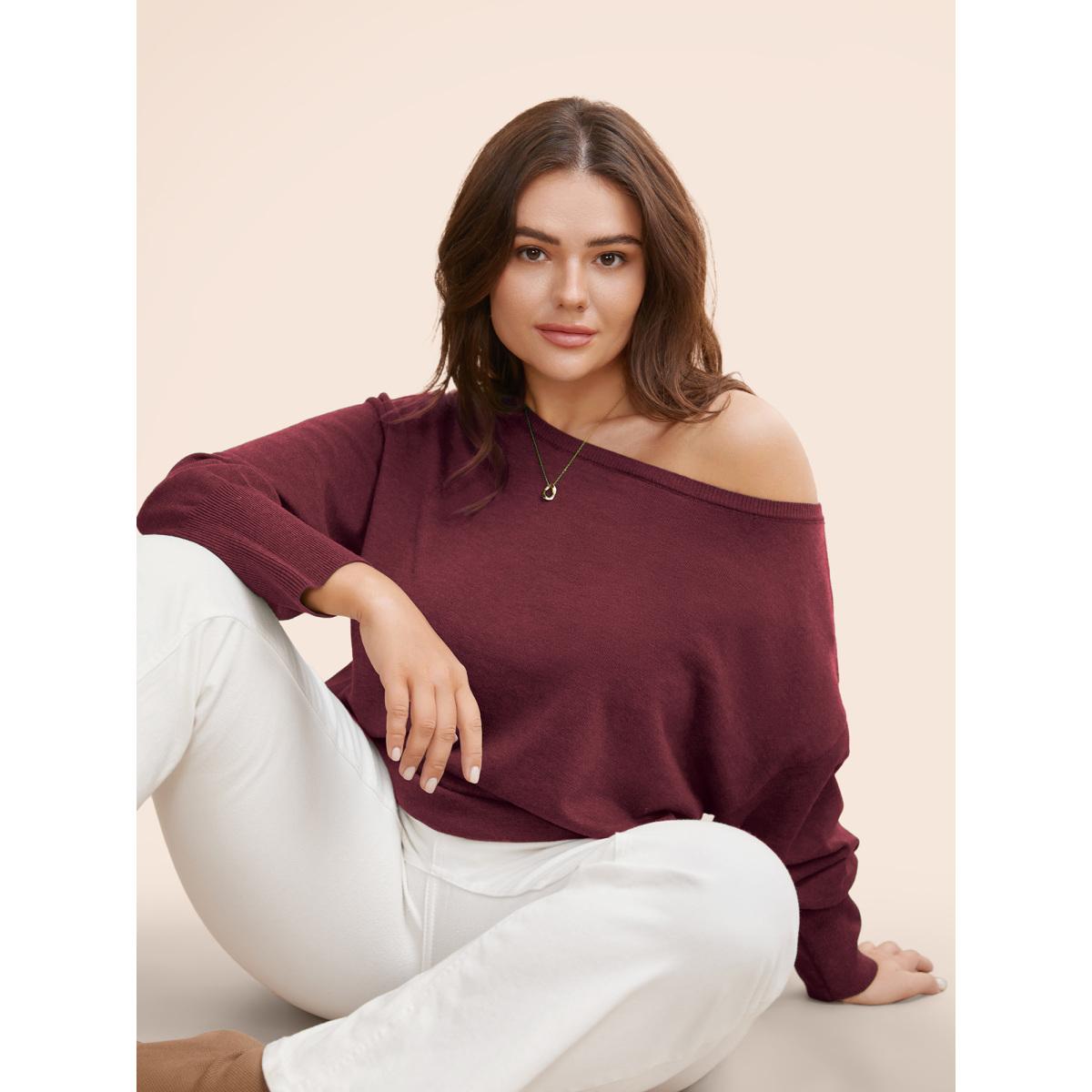 Plus Size Supersoft Essentials Boat Neck Drop Shoulder Pullover Deepred Women Elegant Long Sleeve Boat Neck Everyday Pullovers BloomChic 28/5X Product Image