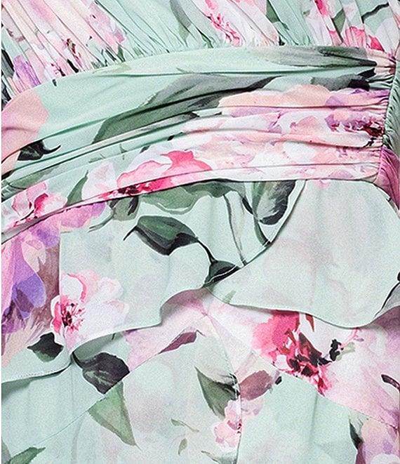 Xscape Chiffon Floral Print One Shoulder Neck Sleeveless Ruffle Gown Product Image