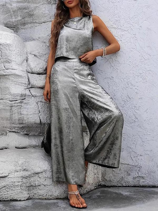 Loose Sleeveless Hollow Shiny Split-Joint Round-Neck Vest Top + Pants Bottom Two Pieces Set Product Image