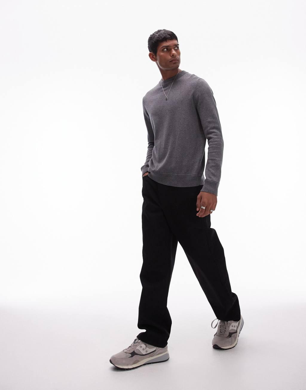 Topman essential crew neck sweater in charcoal Product Image